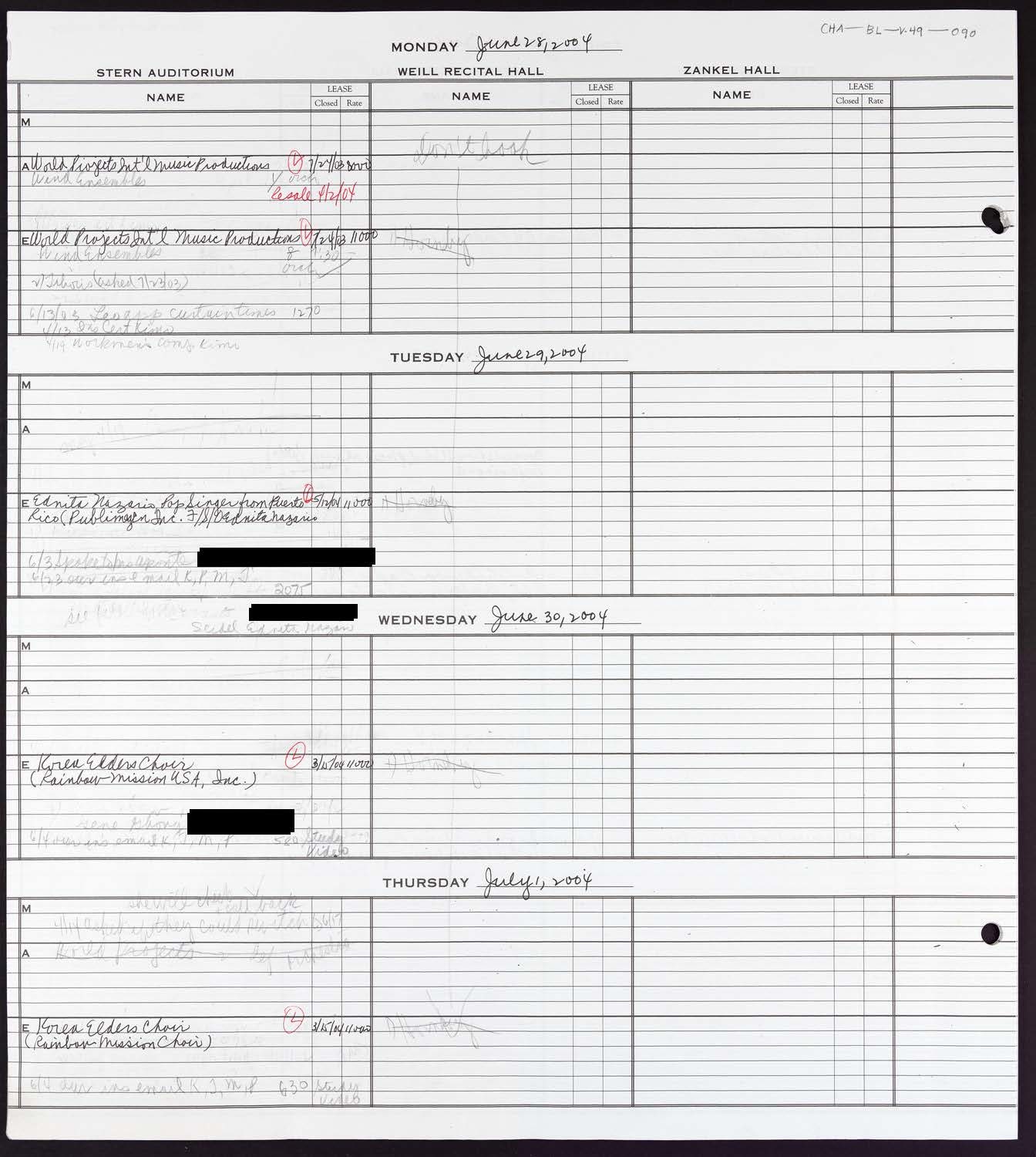 Carnegie Hall Booking Ledger, volume 49, page 90