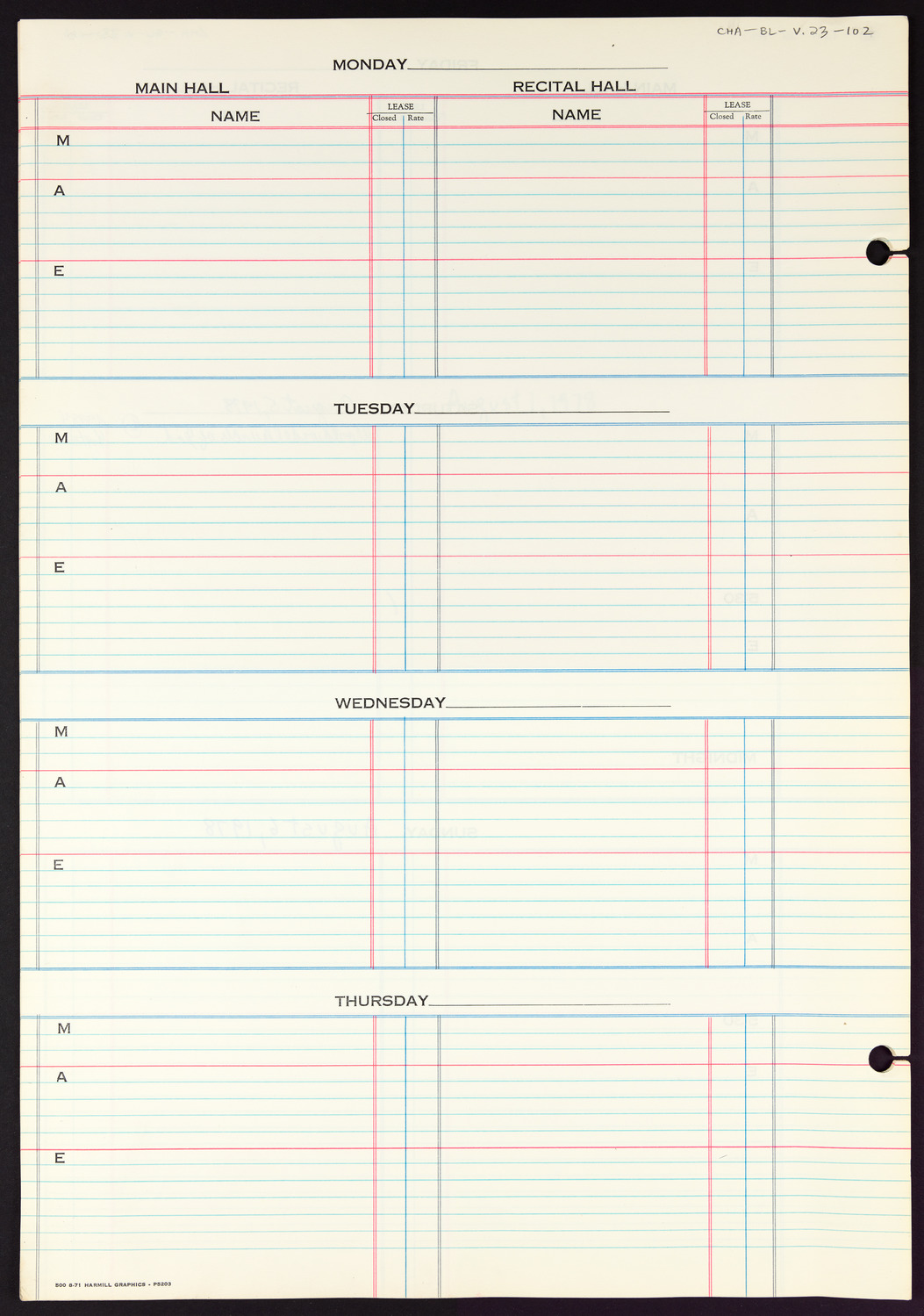 Carnegie Hall Booking Ledger, volume 23, page 102