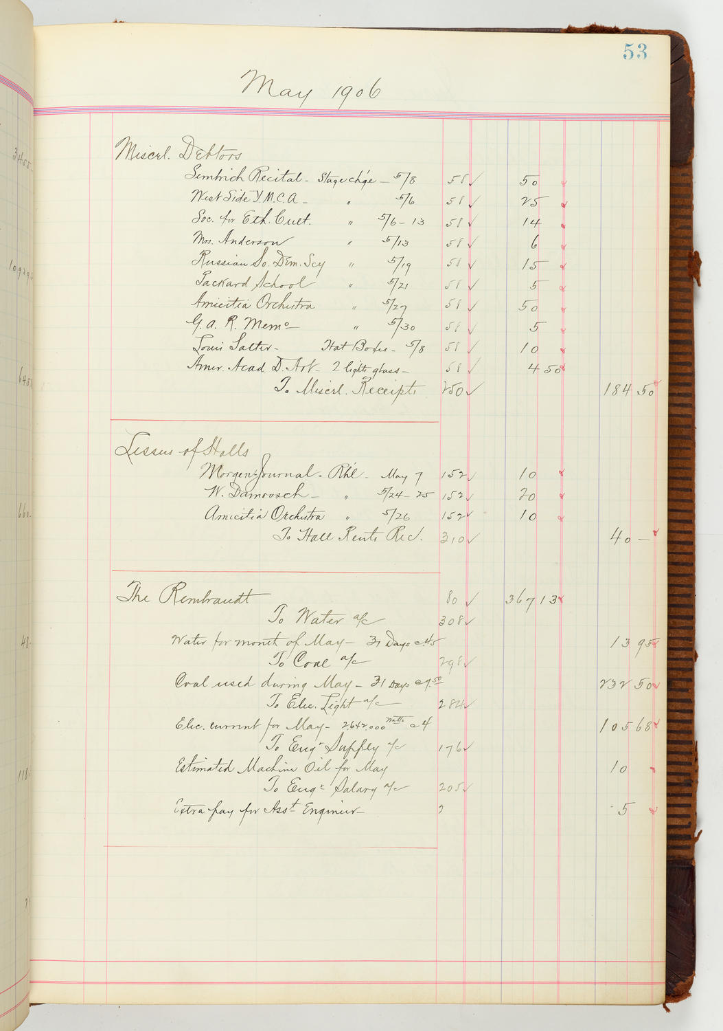 Music Hall Accounting Ledger Journal, volume 7, page 53