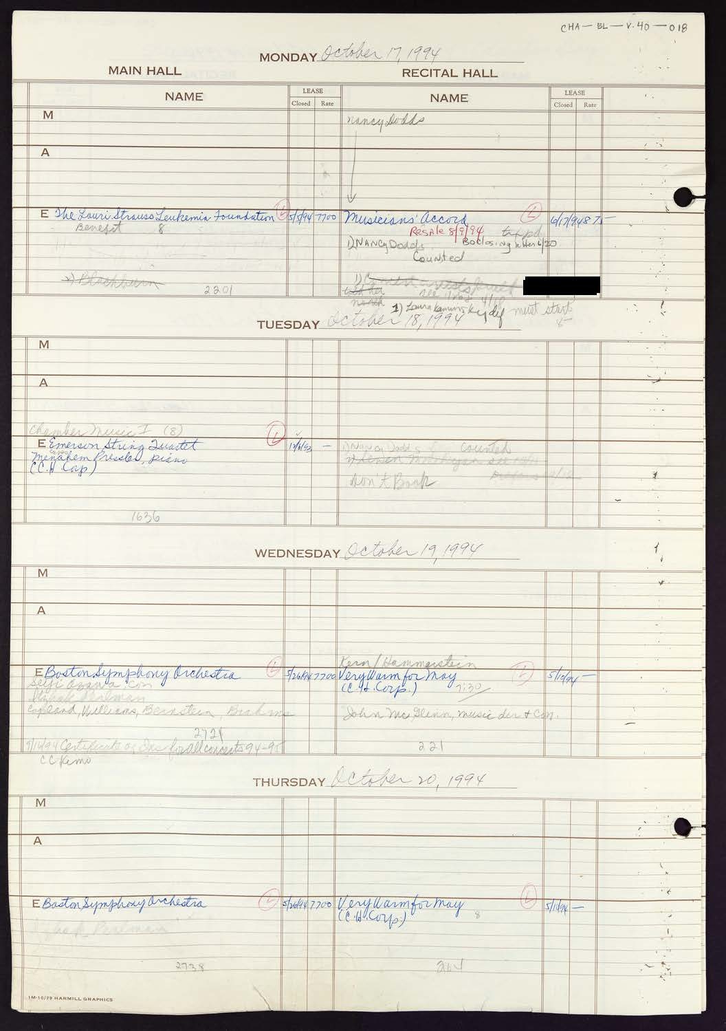 Carnegie Hall Booking Ledger, volume 40, page 18