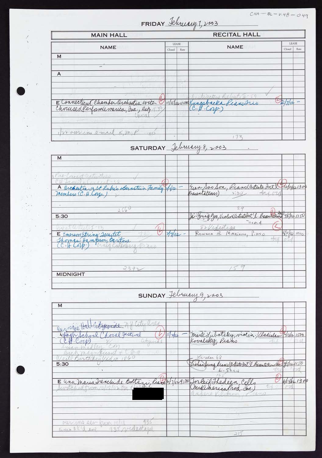 Carnegie Hall Booking Ledger, volume 48, page 49