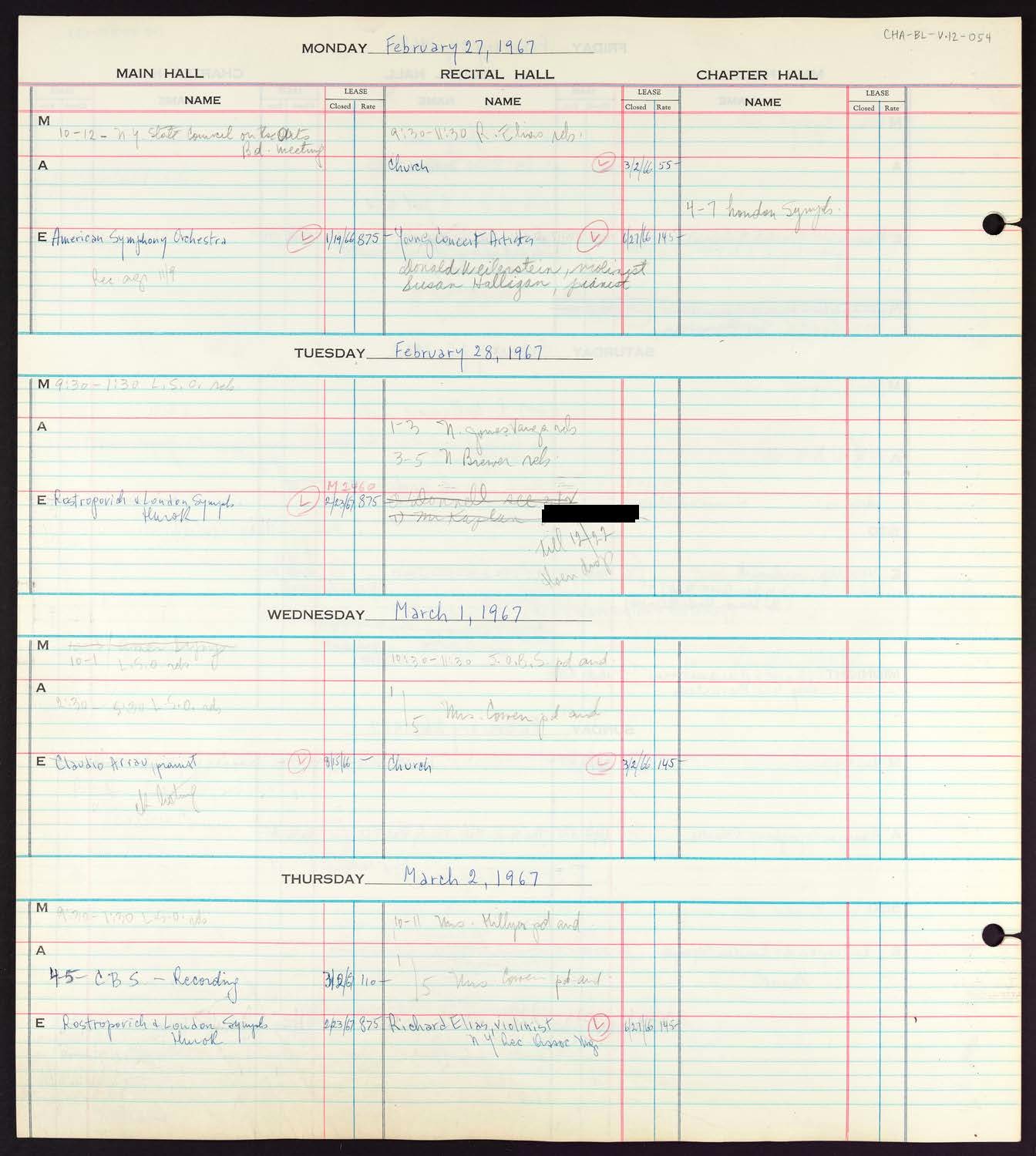 Carnegie Hall Booking Ledger, volume 12, page 54