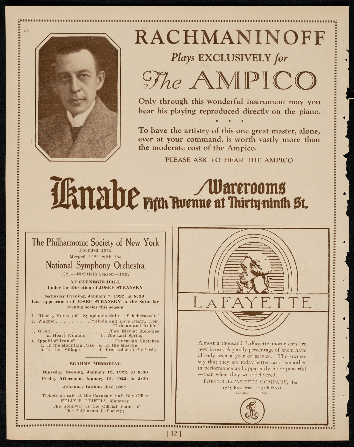 Brahms Memorial featuring Elly Ney and the New York Philharmonic, January 2, 1922, program page 12