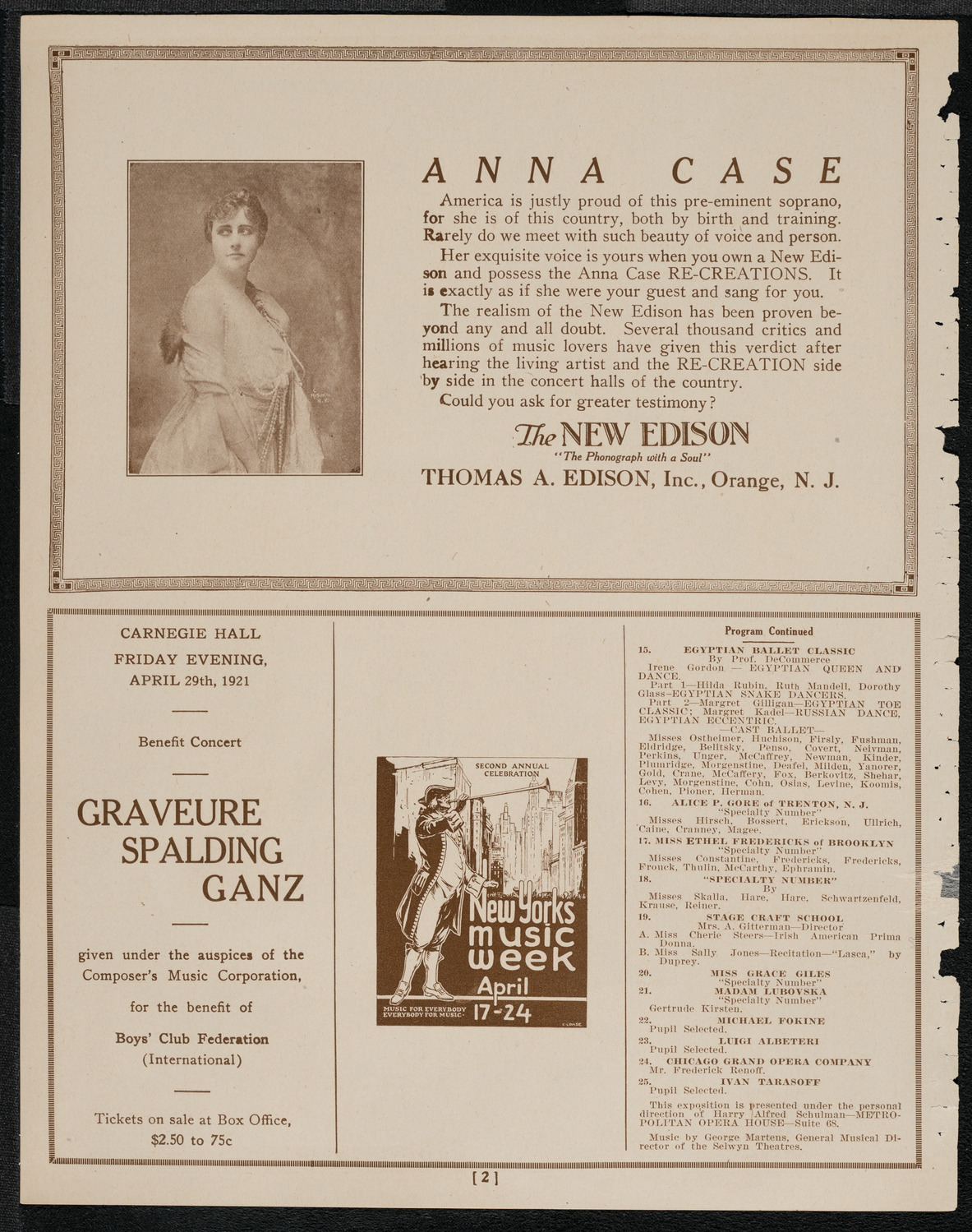 National Ballet and Toe Dancing Exposition of America, April 16, 1921, program page 2