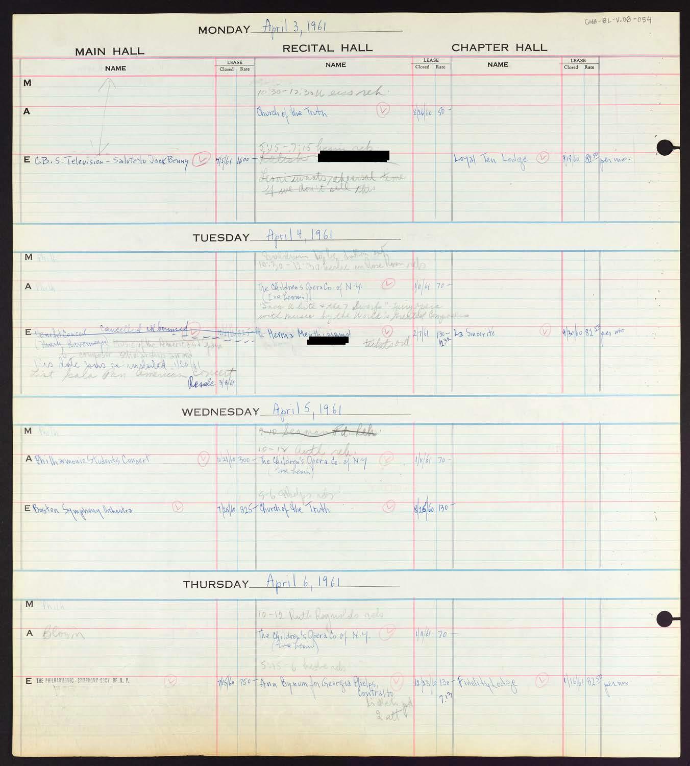 Carnegie Hall Booking Ledger, volume 6, page 54