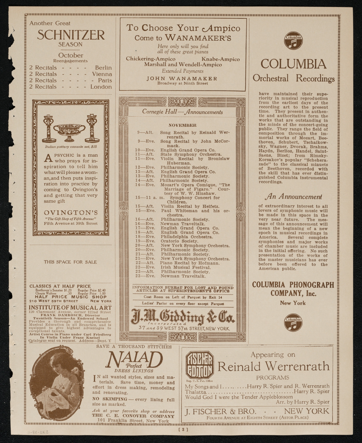 New York Philharmonic, November 8, 1924, program page 3