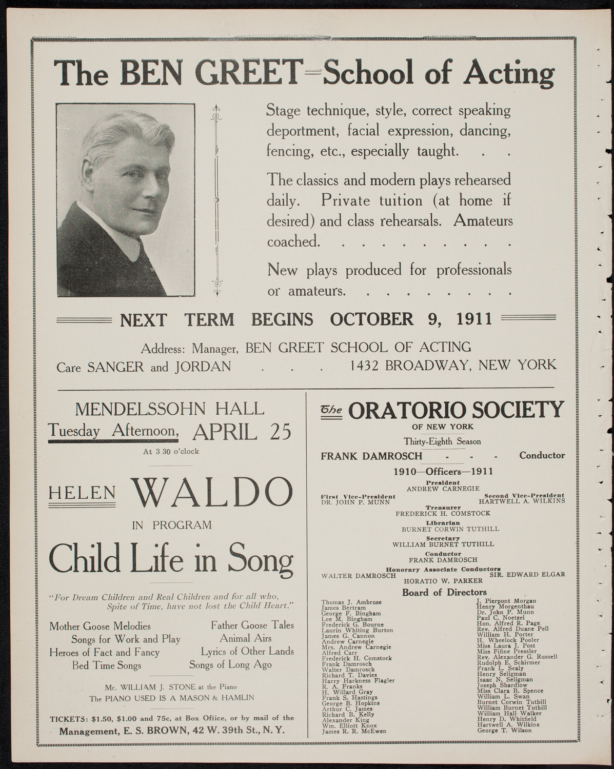 Shakespeare Birthday Festival: The Ben Greet Players and The Volpe Symphony Orchestra, April 22, 1911, program page 10