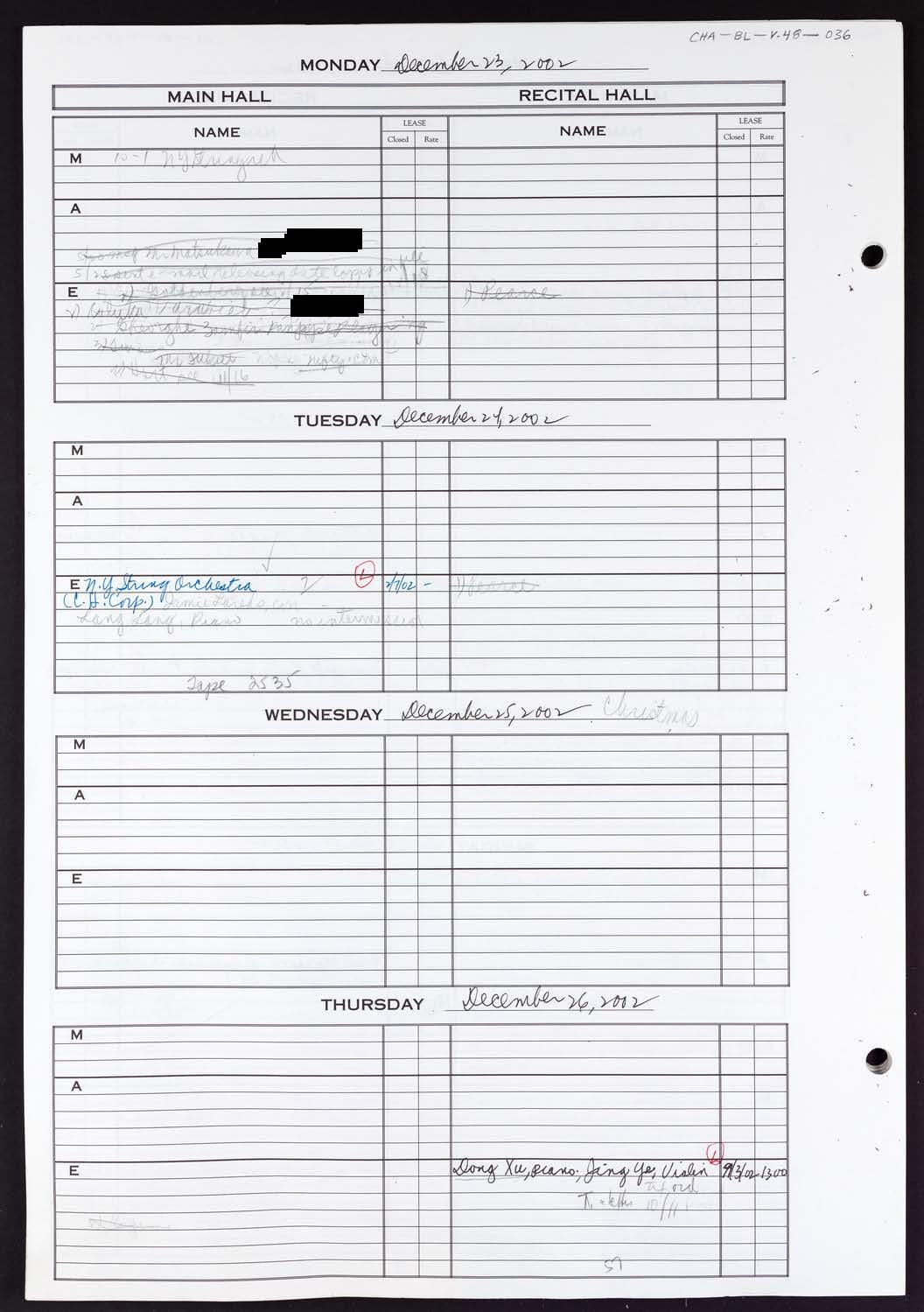 Carnegie Hall Booking Ledger, volume 48, page 36