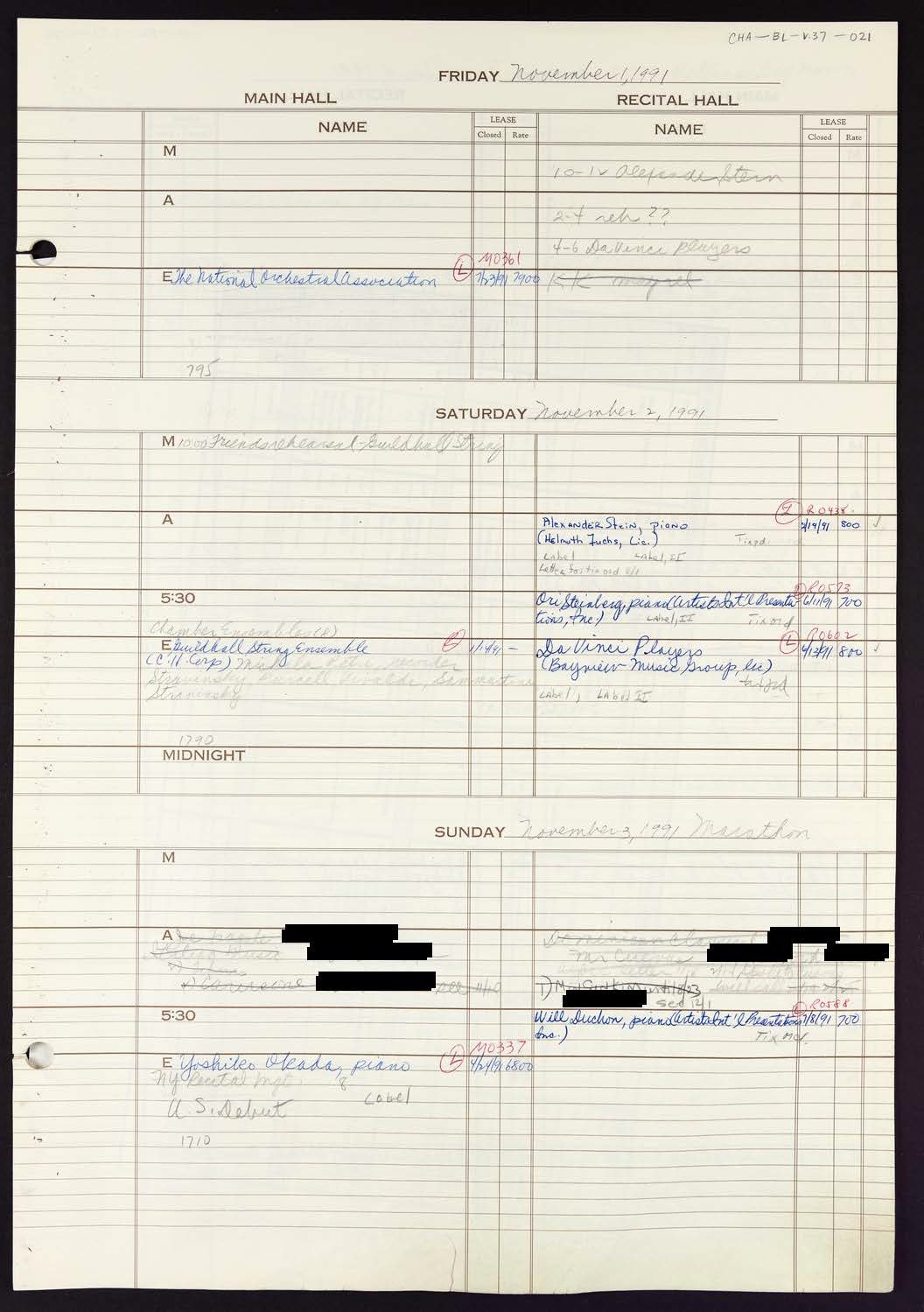 Carnegie Hall Booking Ledger, volume 37, page 21