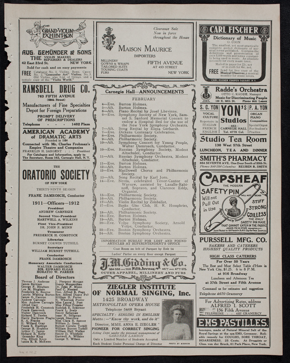 New York Philharmonic, February 4, 1912, program page 3