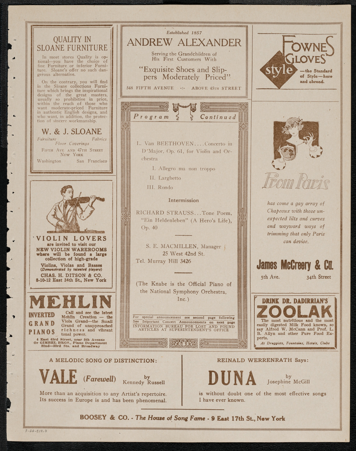 National Symphony Orchestra, March 20, 1921, program page 7