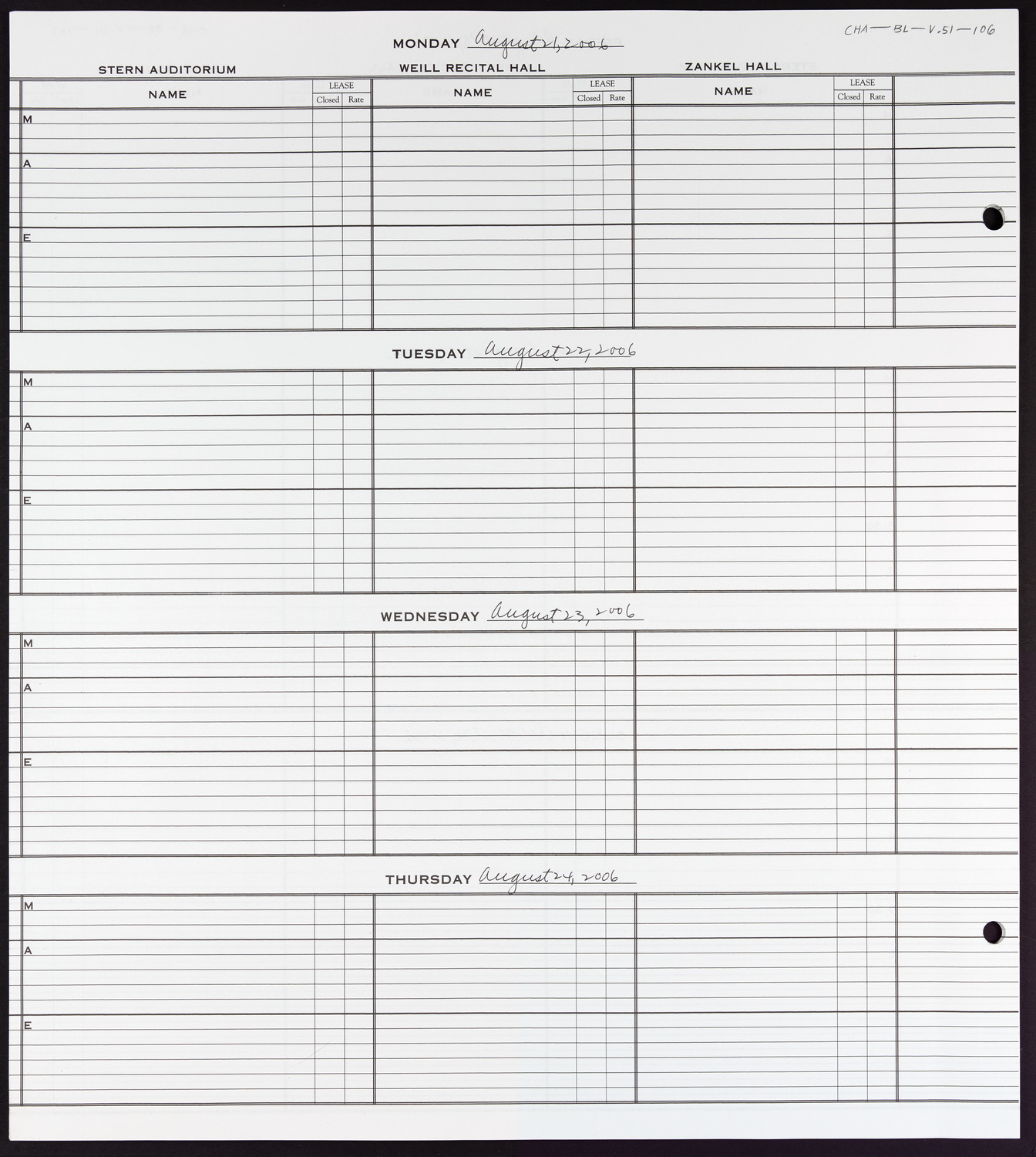 Carnegie Hall Booking Ledger, volume 51, page 106