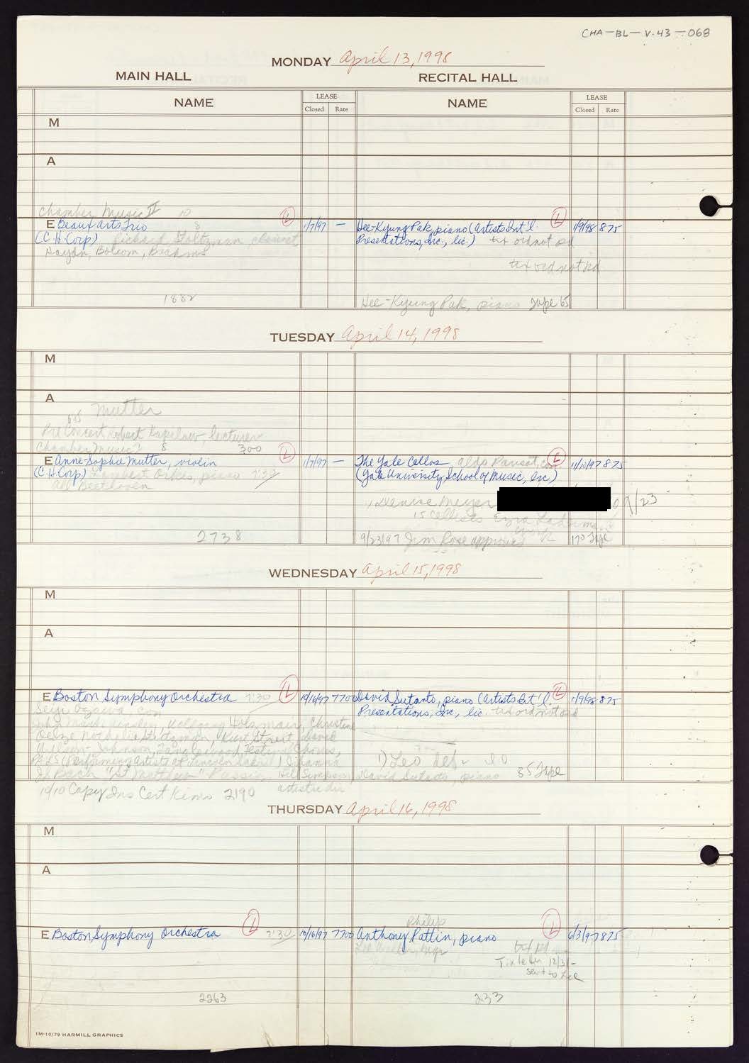 Carnegie Hall Booking Ledger, volume 43, page 68