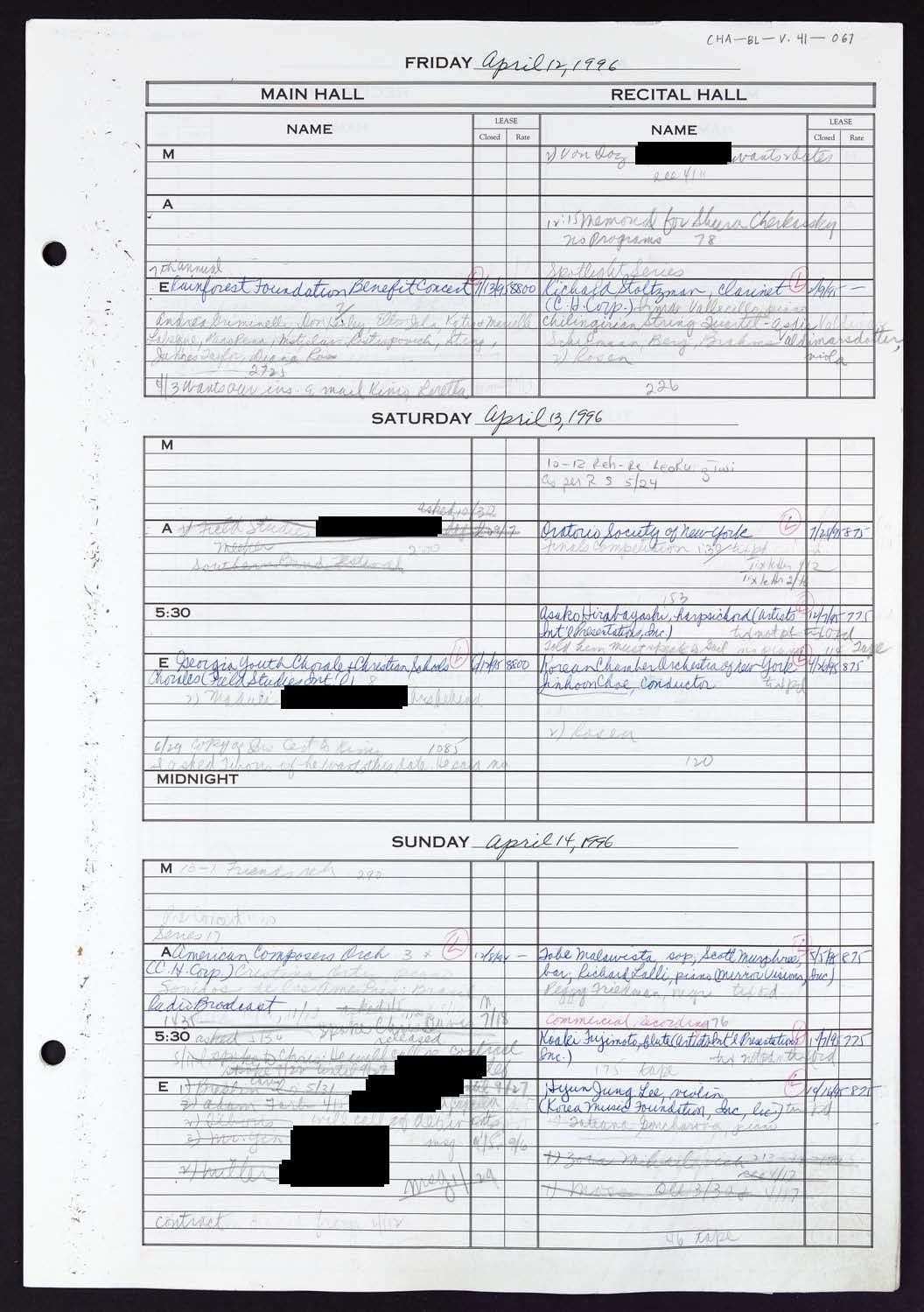 Carnegie Hall Booking Ledger, volume 41, page 67