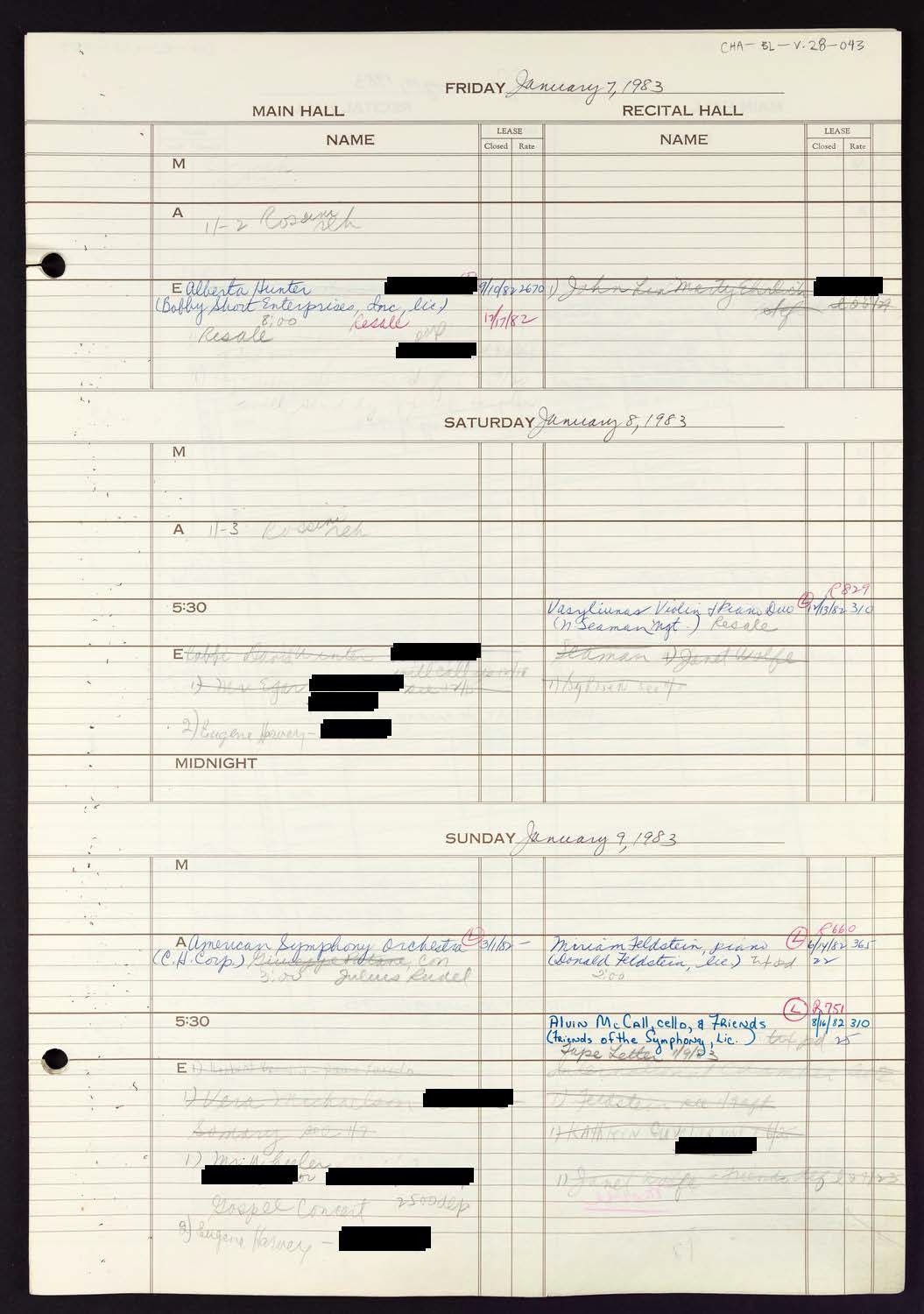 Carnegie Hall Booking Ledger, volume 28, page 43