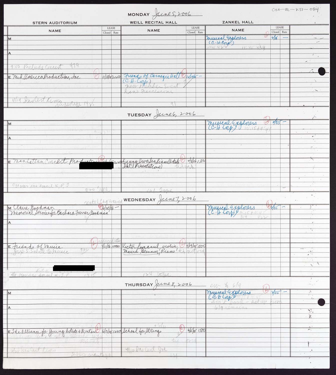 Carnegie Hall Booking Ledger, volume 51, page 84