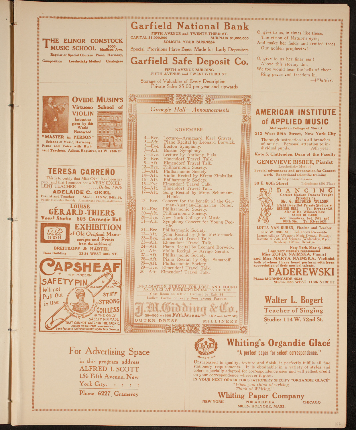 Carl Friedberg, Piano, November 2, 1914, program page 3