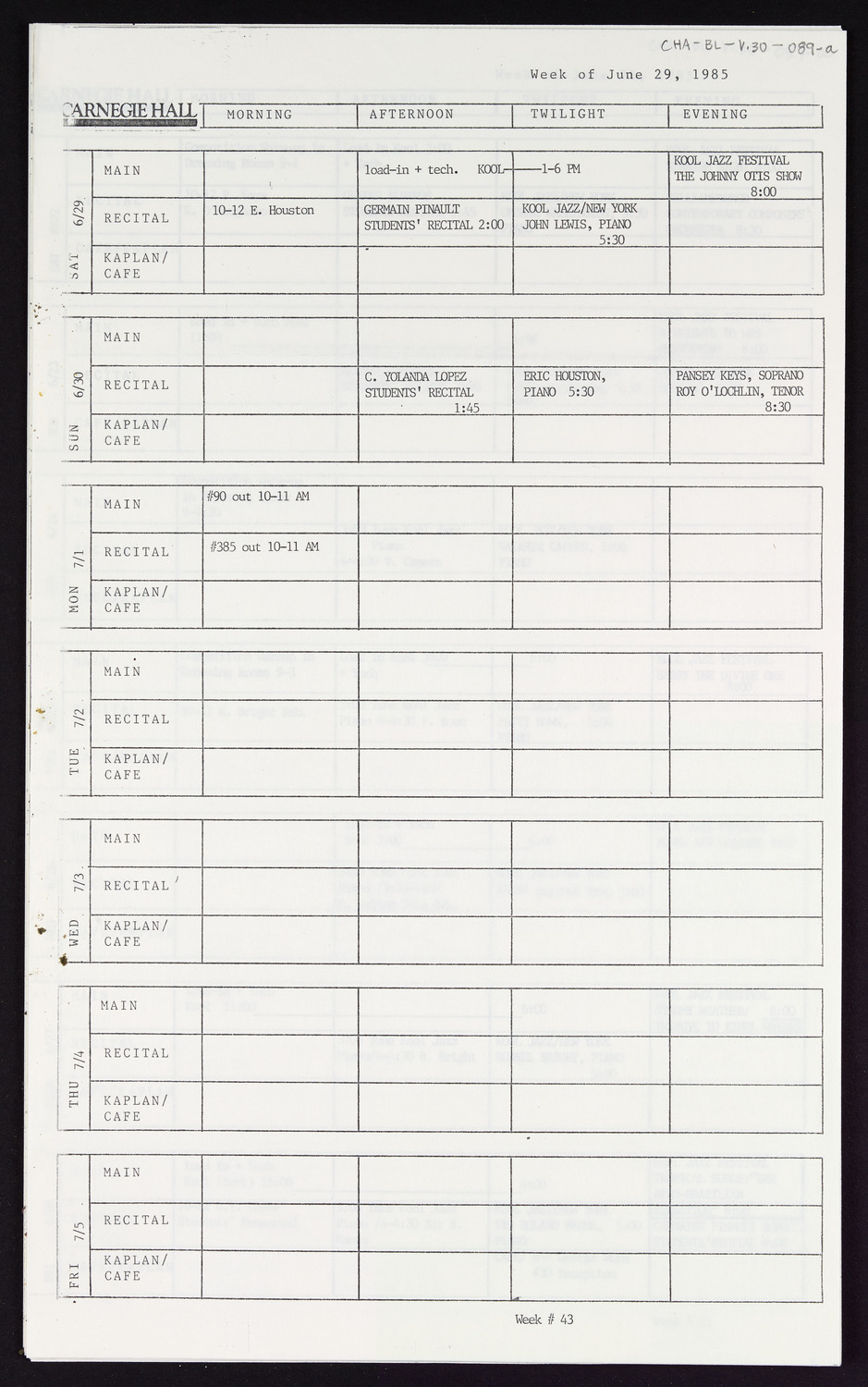 Carnegie Hall Booking Ledger, volume 30, page 89a