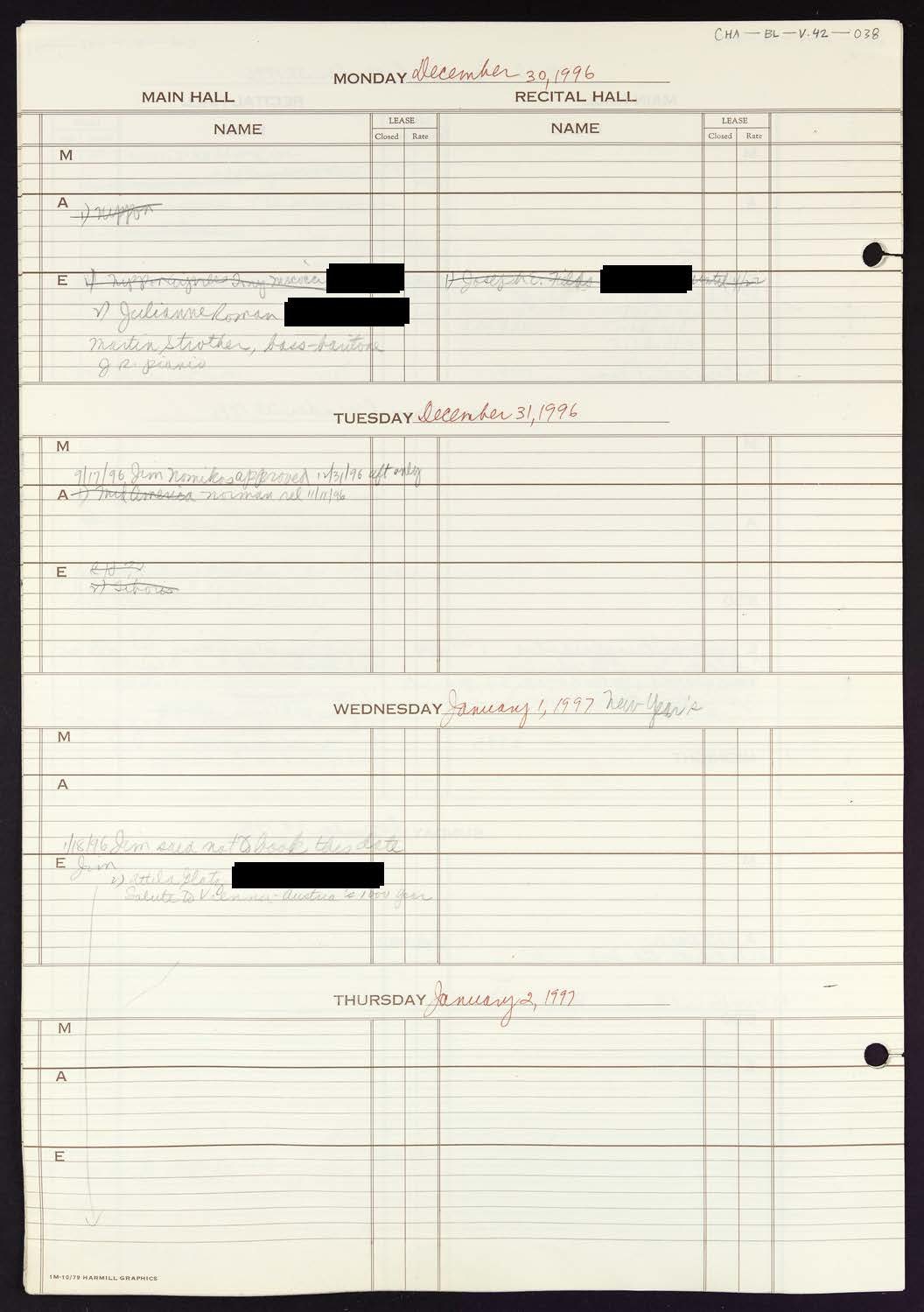 Carnegie Hall Booking Ledger, volume 42, page 38