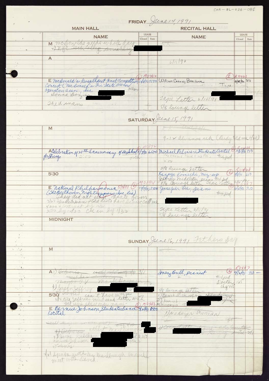 Carnegie Hall Booking Ledger, volume 36, page 85