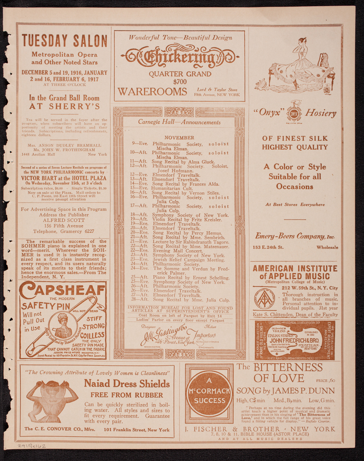 Home Symphony Concert: New York Philharmonic, November 8, 1916, program page 3