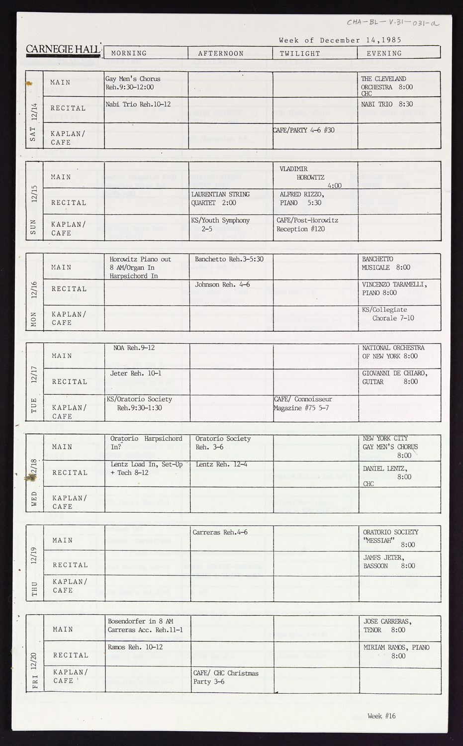 Carnegie Hall Booking Ledger, volume 31, page 31a