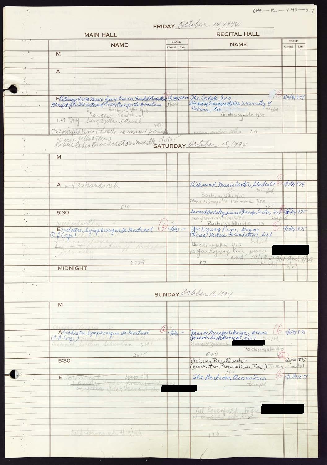 Carnegie Hall Booking Ledger, volume 40, page 17