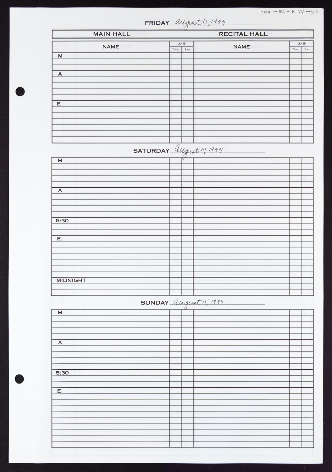 Carnegie Hall Booking Ledger, volume 44, page 103