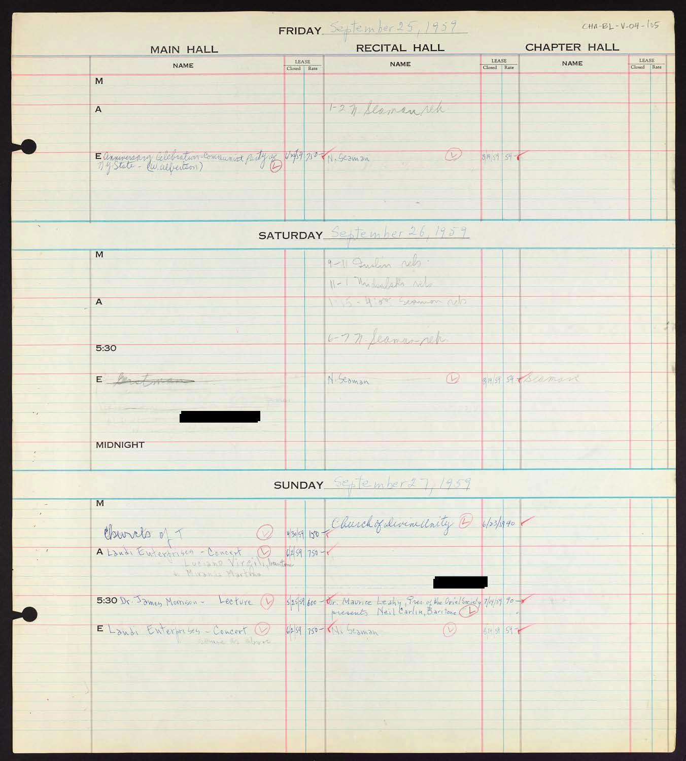 Carnegie Hall Booking Ledger, volume 4, page 105