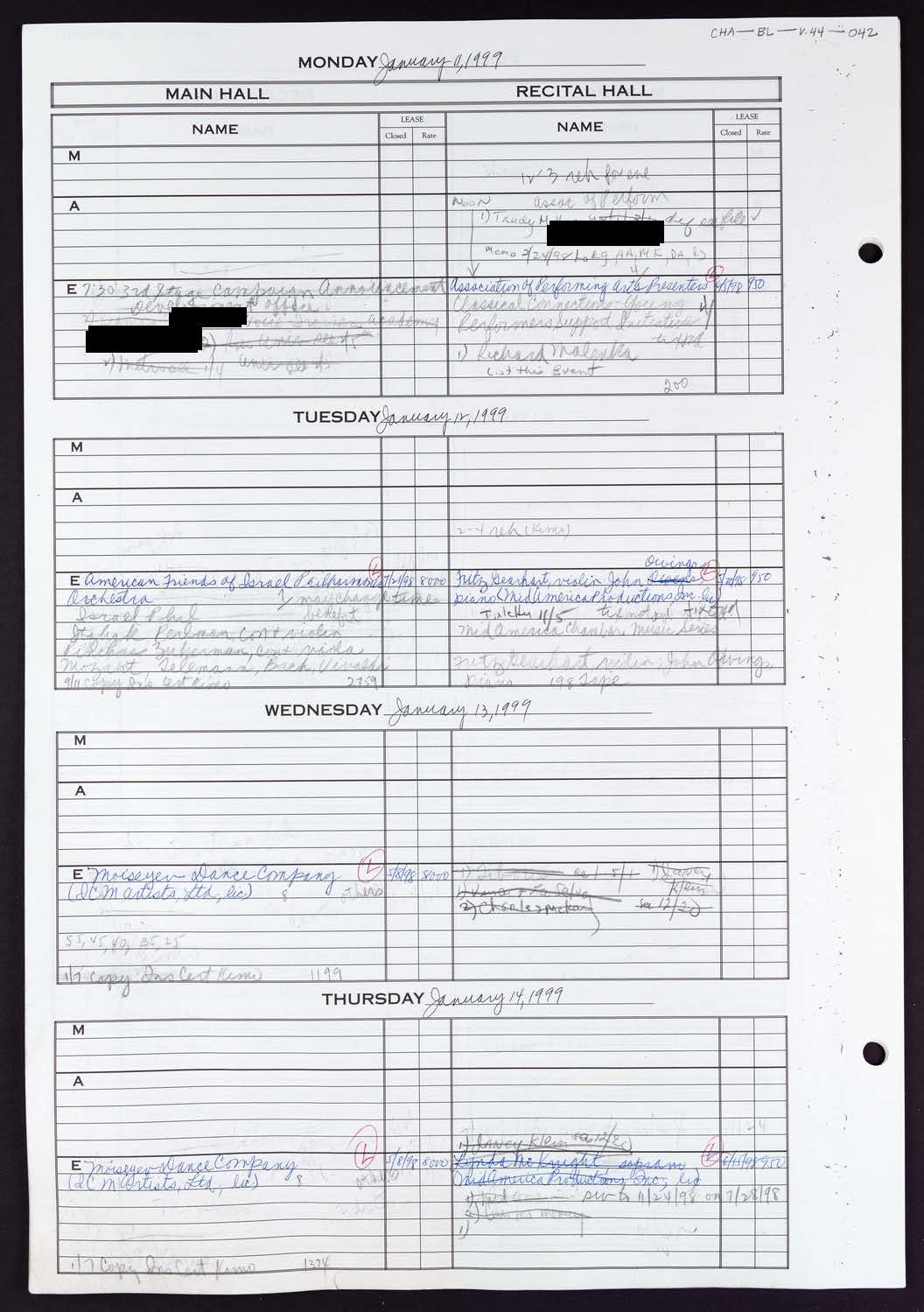 Carnegie Hall Booking Ledger, volume 44, page 42