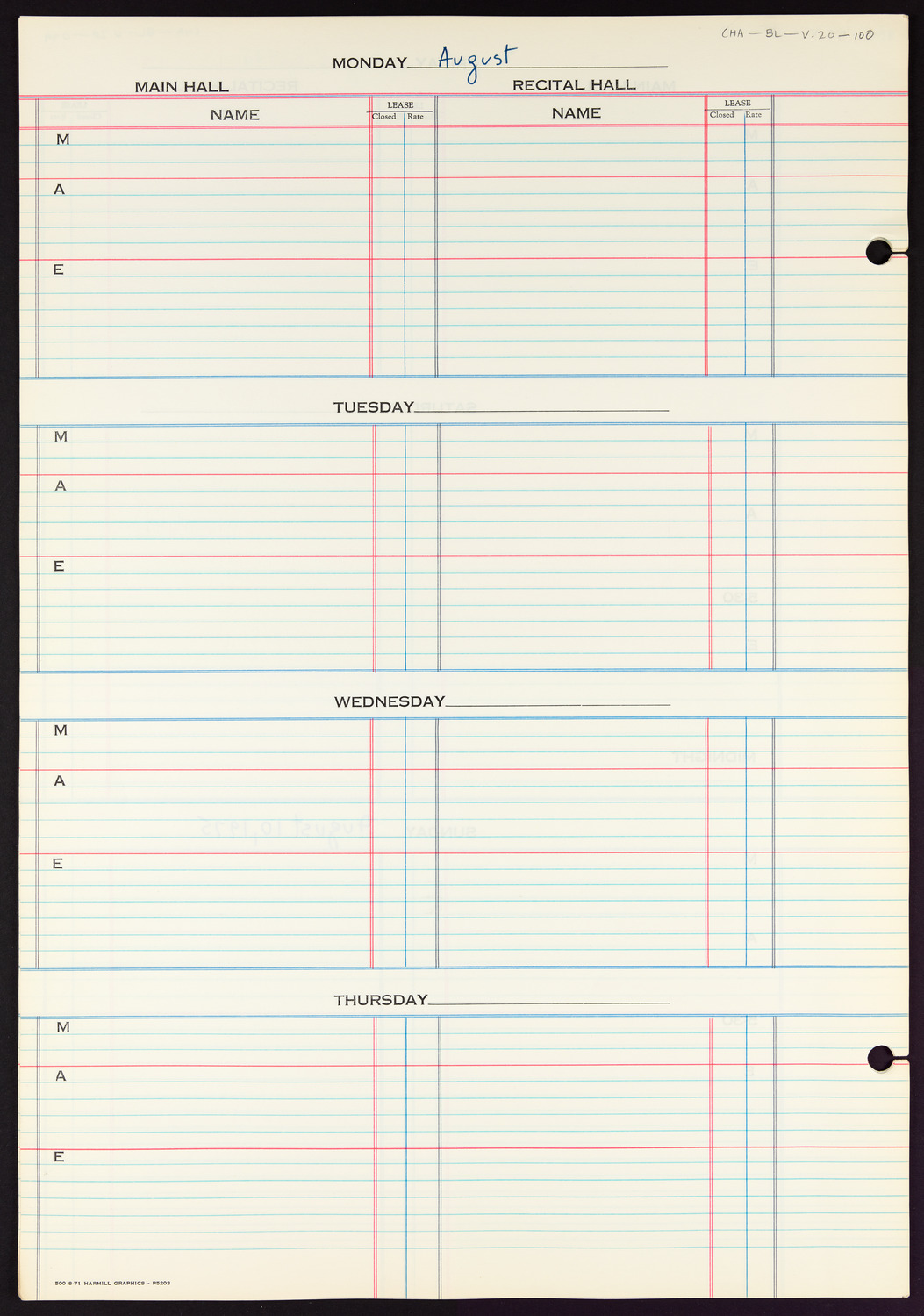 Carnegie Hall Booking Ledger, volume 20, page 100