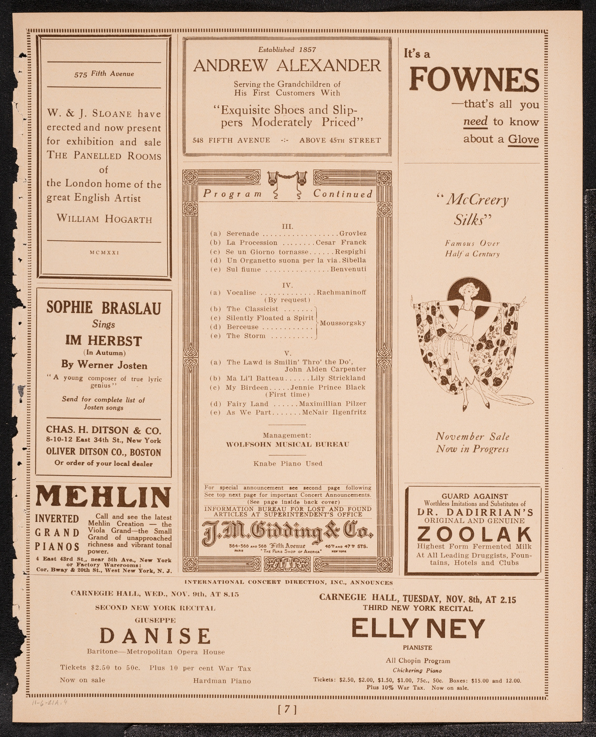 Sophie Braslau, Contralto, November 6, 1921, program page 7
