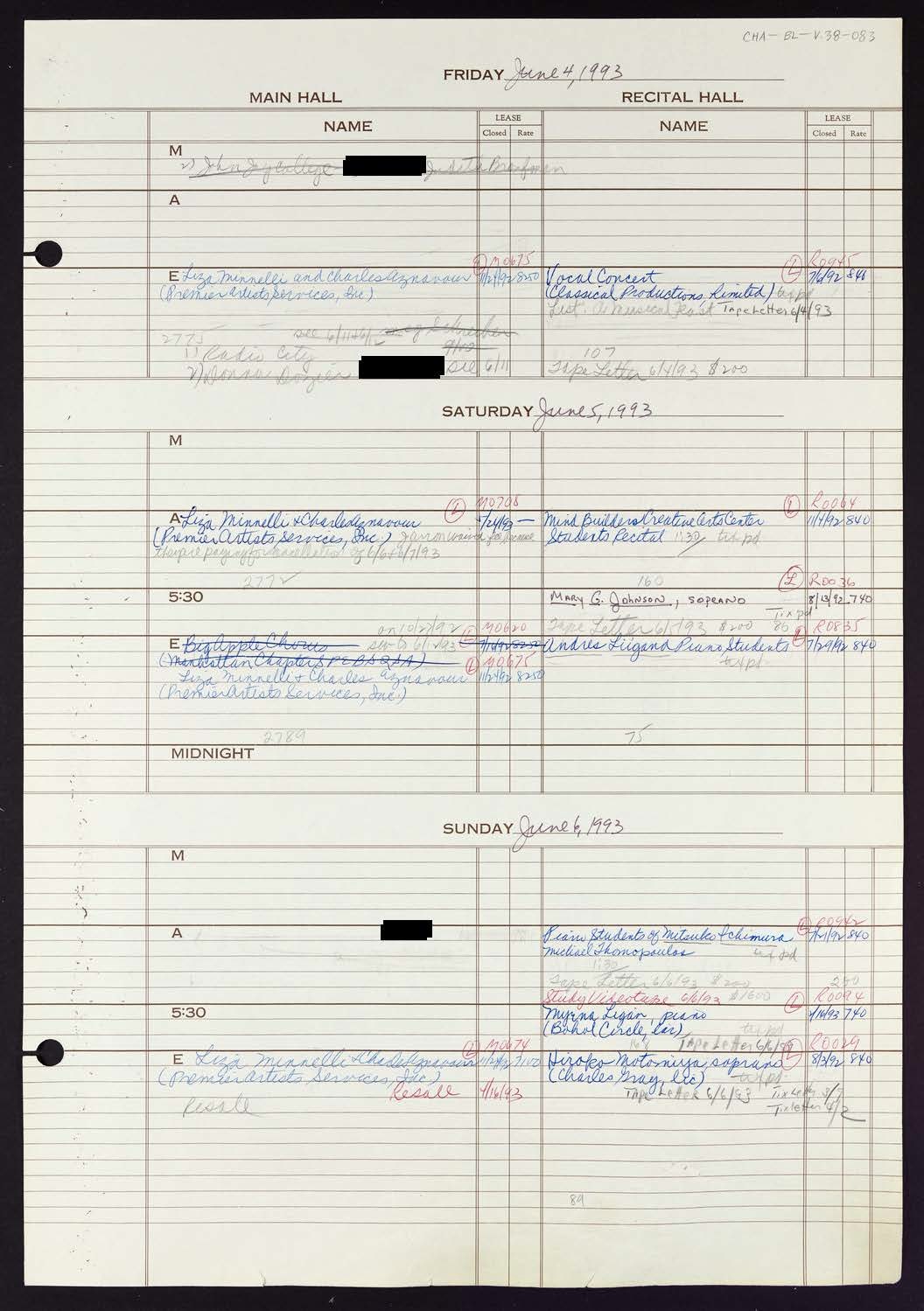 Carnegie Hall Booking Ledger, volume 38, page 83