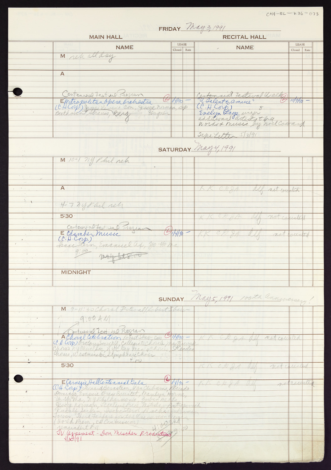 Carnegie Hall Booking Ledger, volume 36, page 73