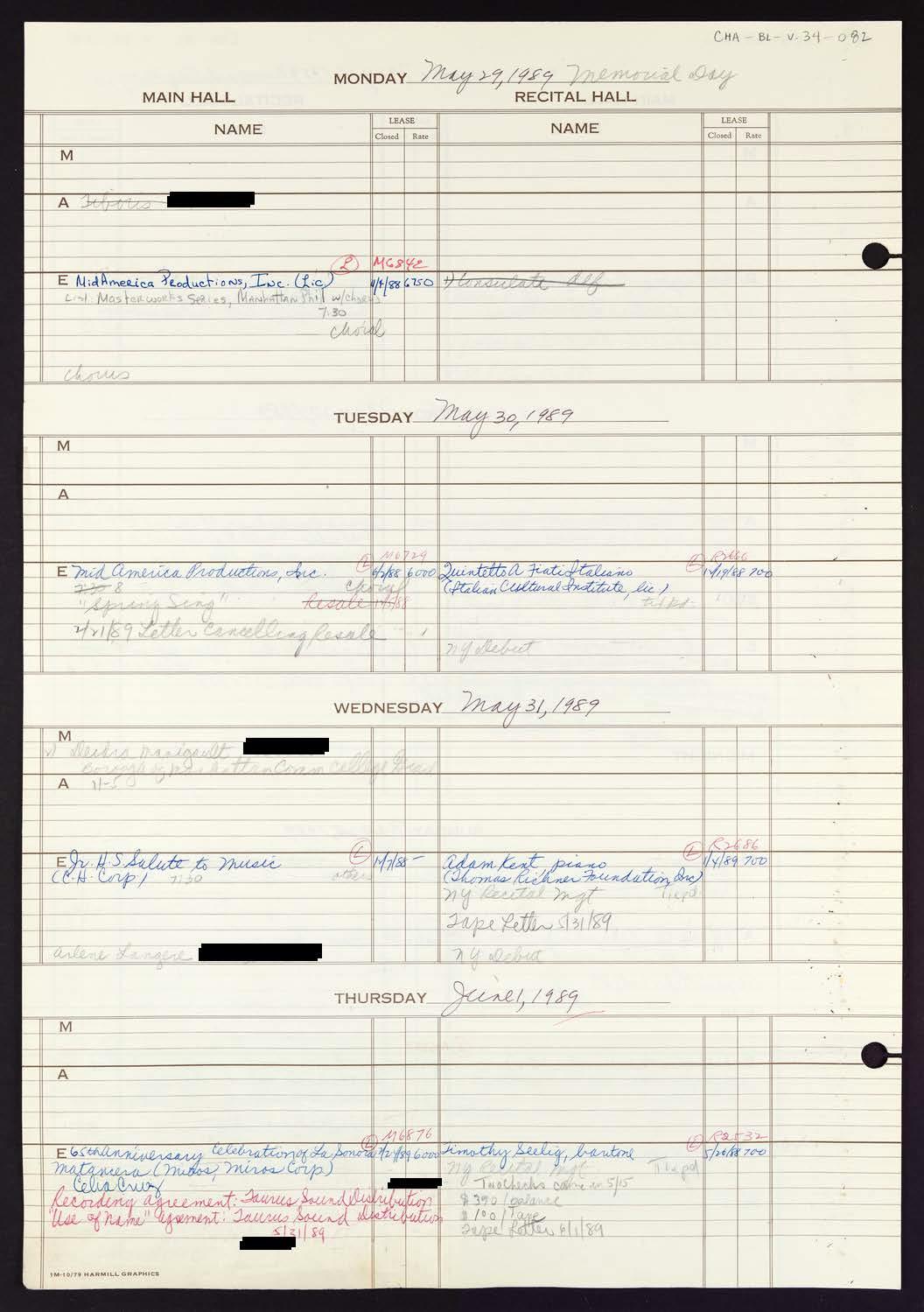 Carnegie Hall Booking Ledger, volume 34, page 82