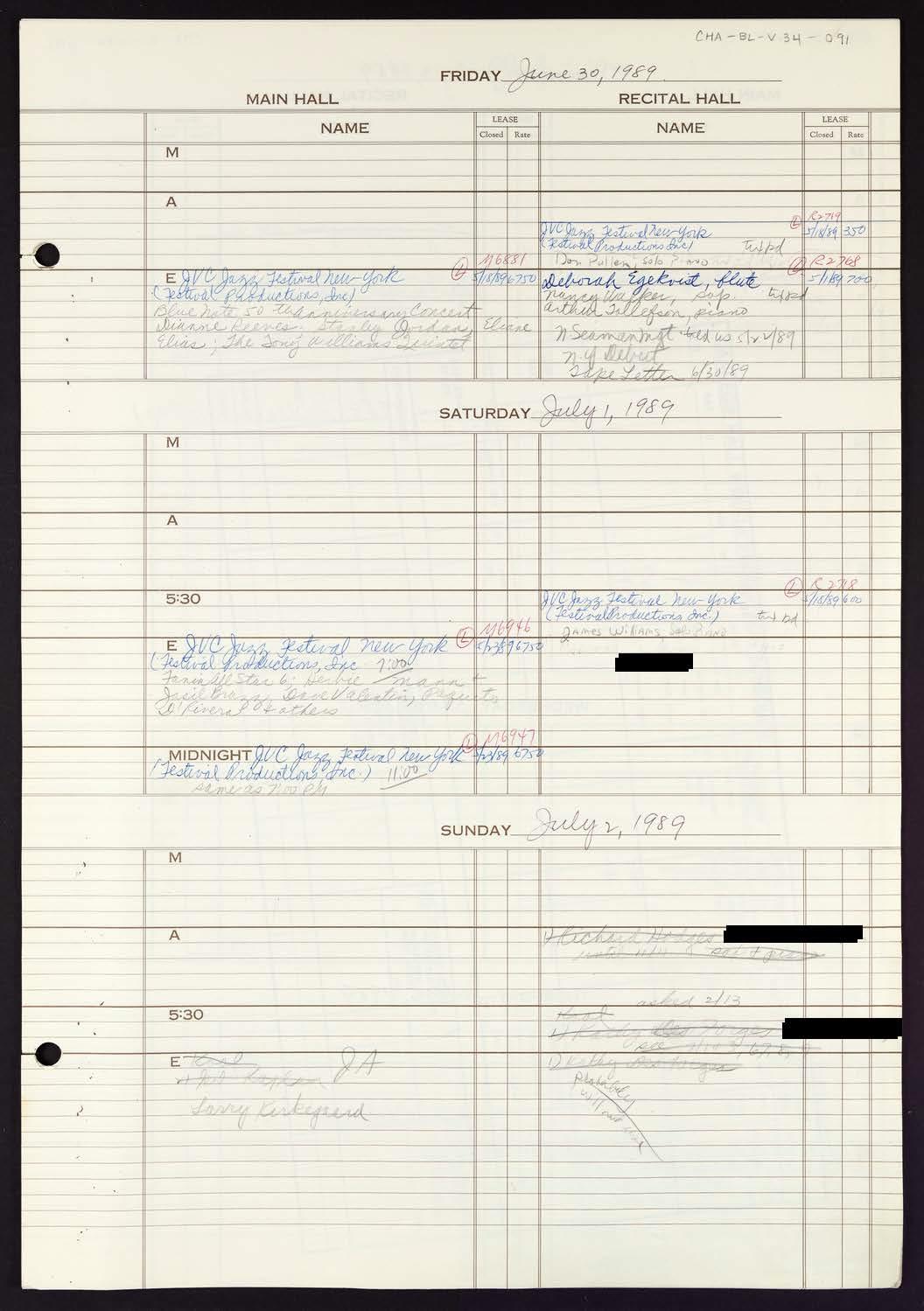 Carnegie Hall Booking Ledger, volume 34, page 91