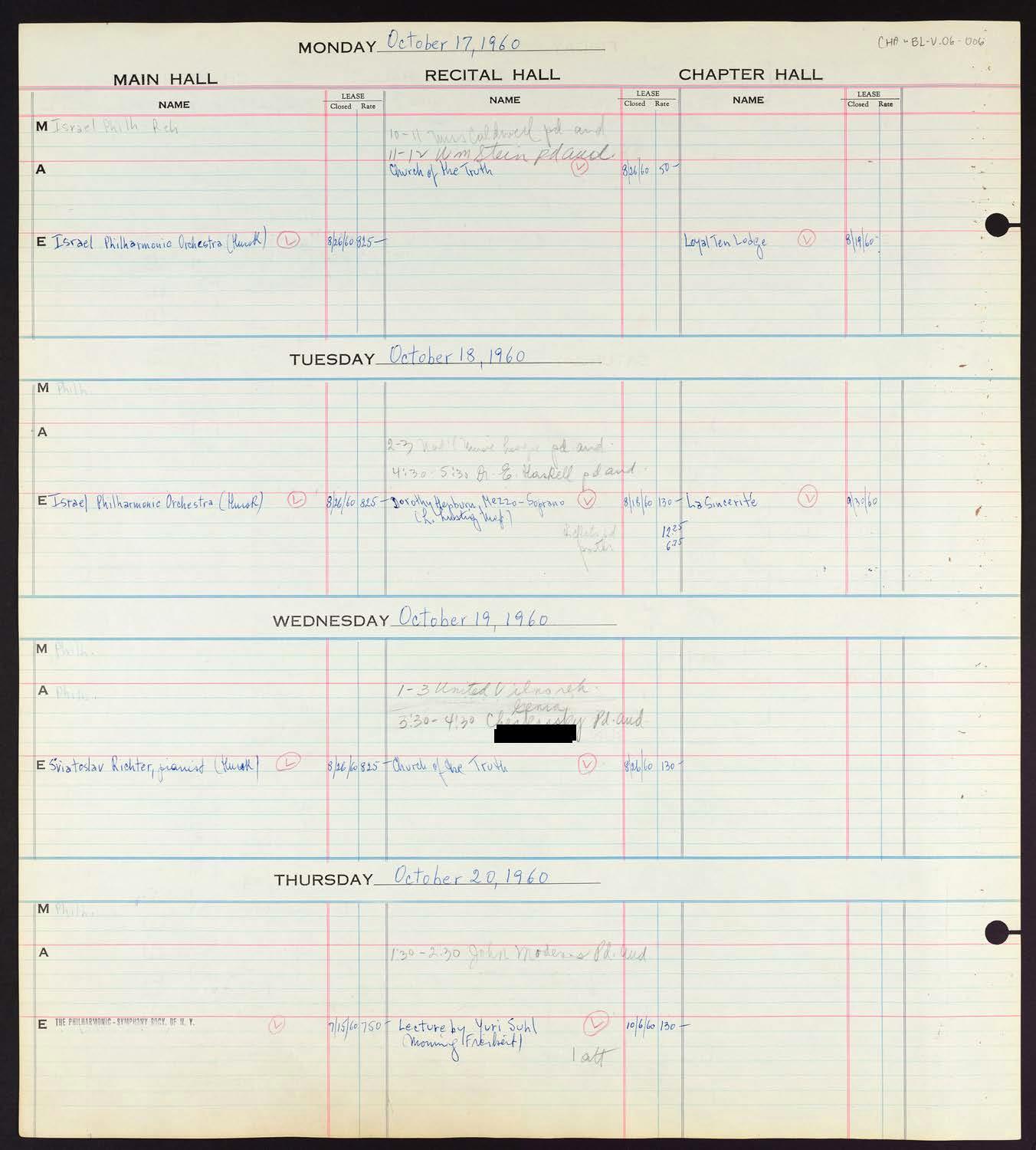 Carnegie Hall Booking Ledger, volume 6, page 6