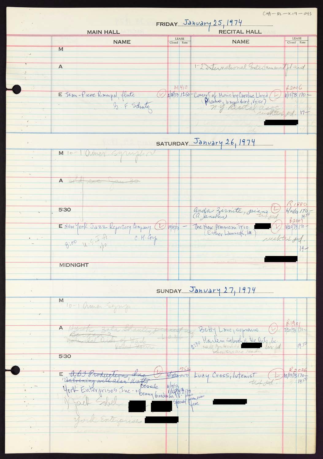 Carnegie Hall Booking Ledger, volume 19, page 43