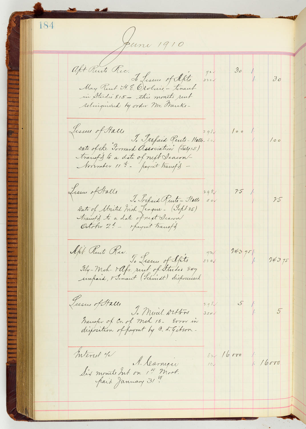 Music Hall Accounting Ledger Journal, volume 7, page 184