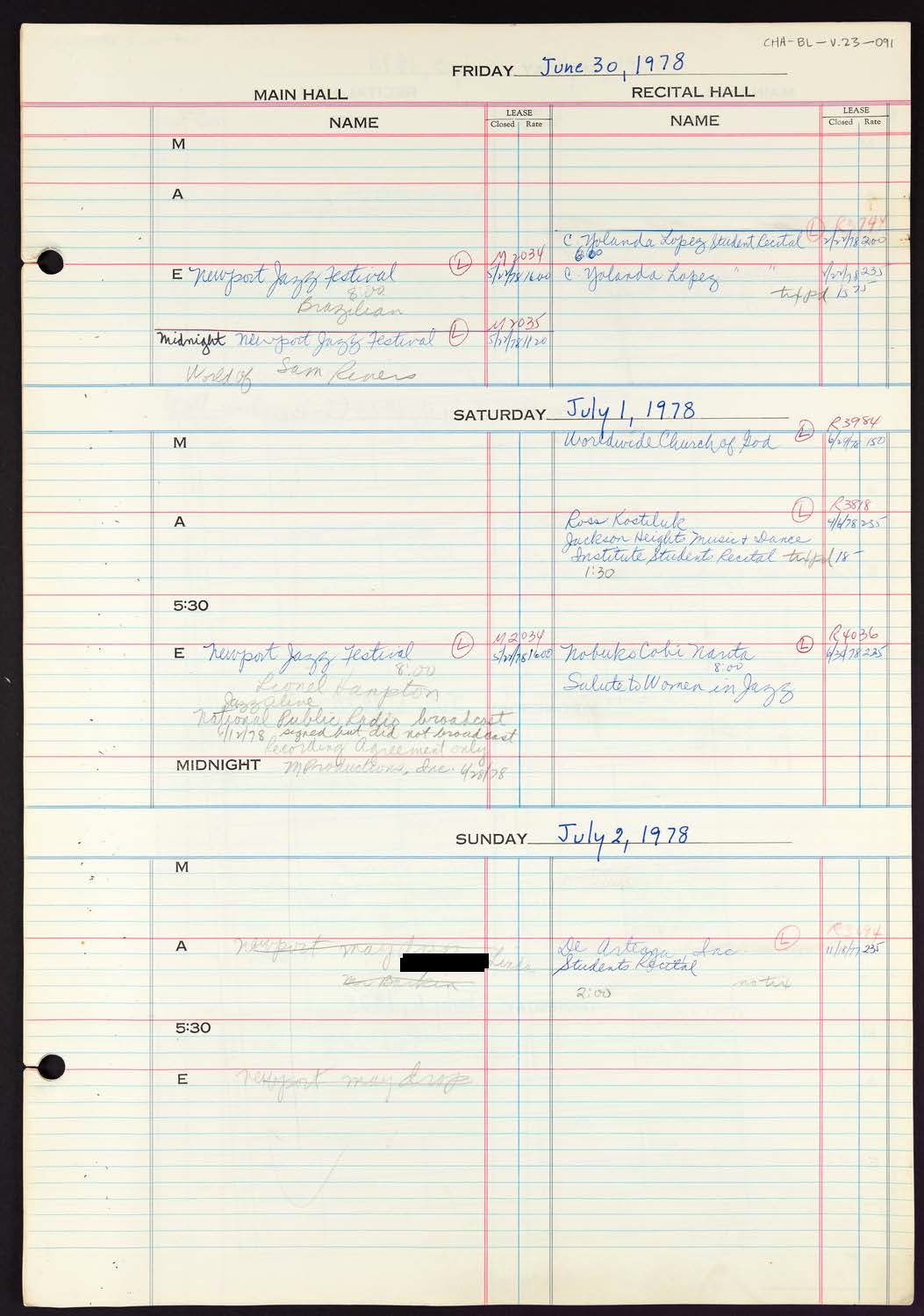 Carnegie Hall Booking Ledger, volume 23, page 91