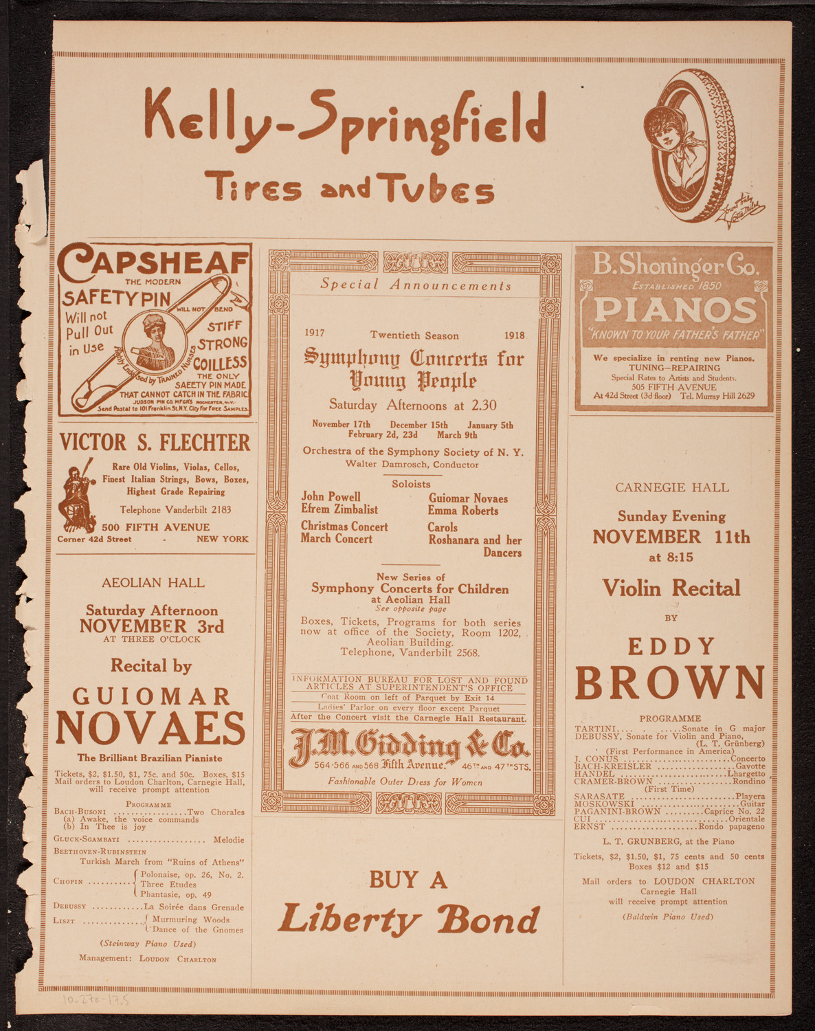 Jascha Heifetz, Violin, October 27, 1917, program page 9