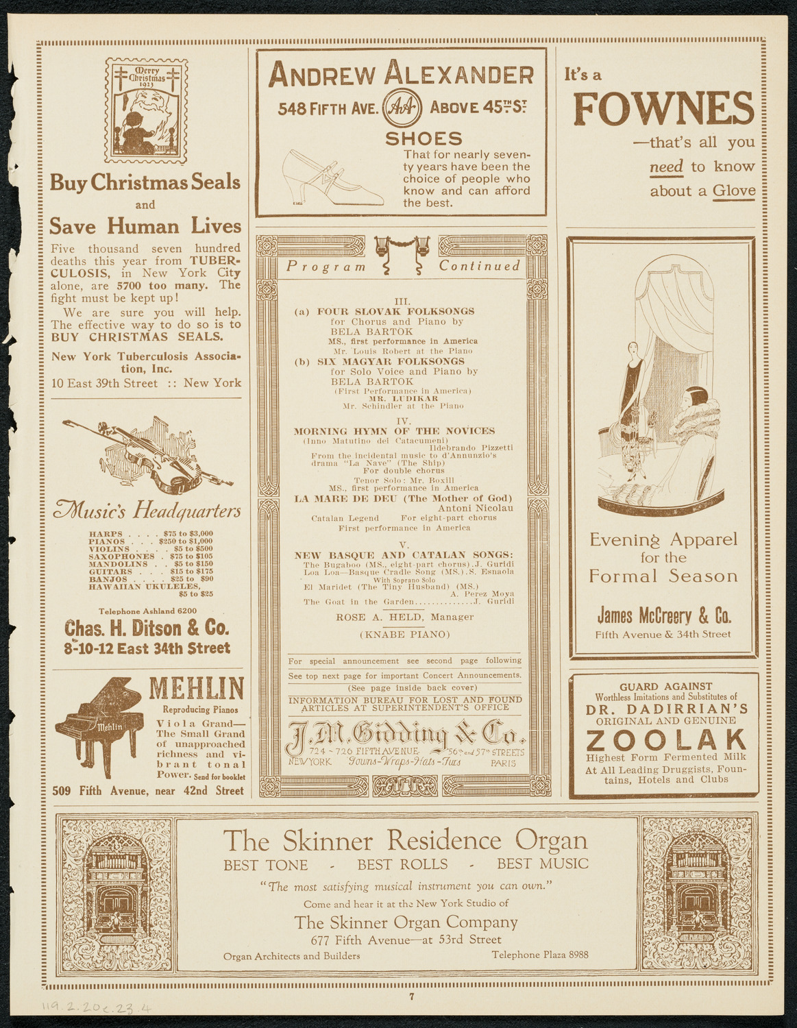 Schola Cantorum of New York, December 20, 1923, program page 7