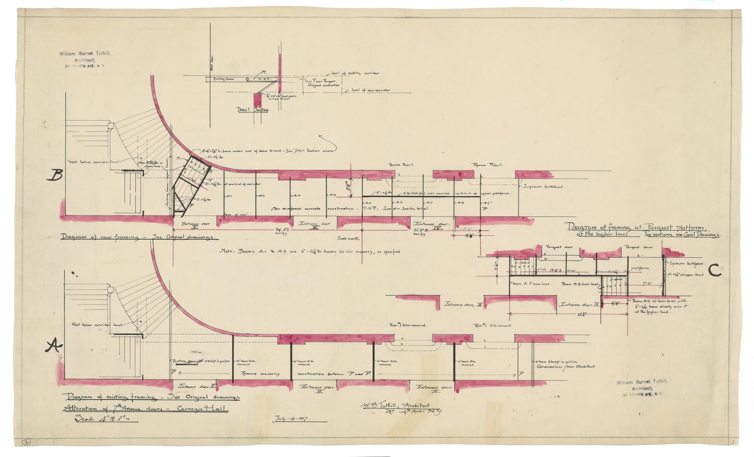 Alteration of 7th Avenue doors: Diagram of existing framing, July 4, 1917