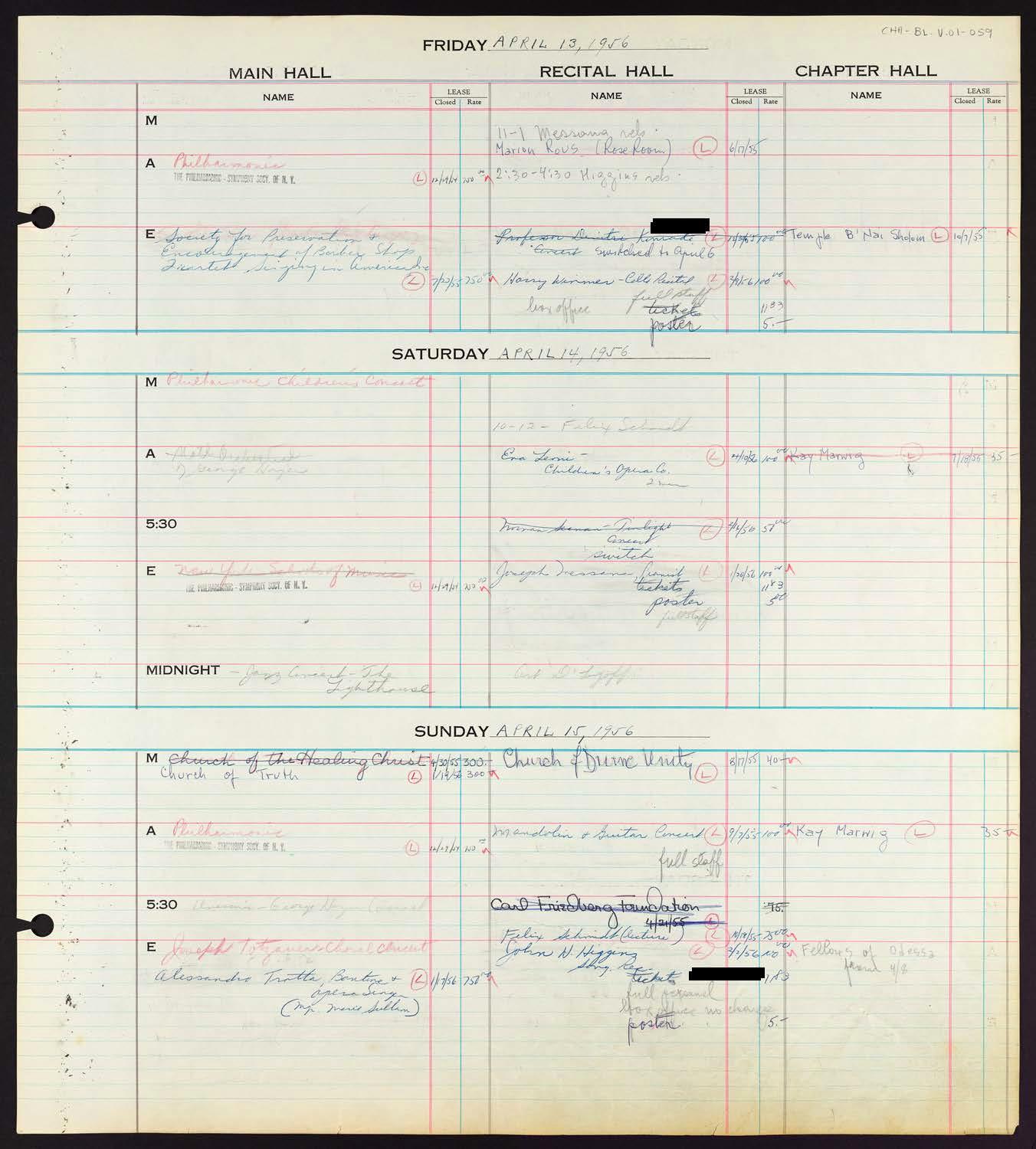 Carnegie Hall Booking Ledger, volume 1, page 59