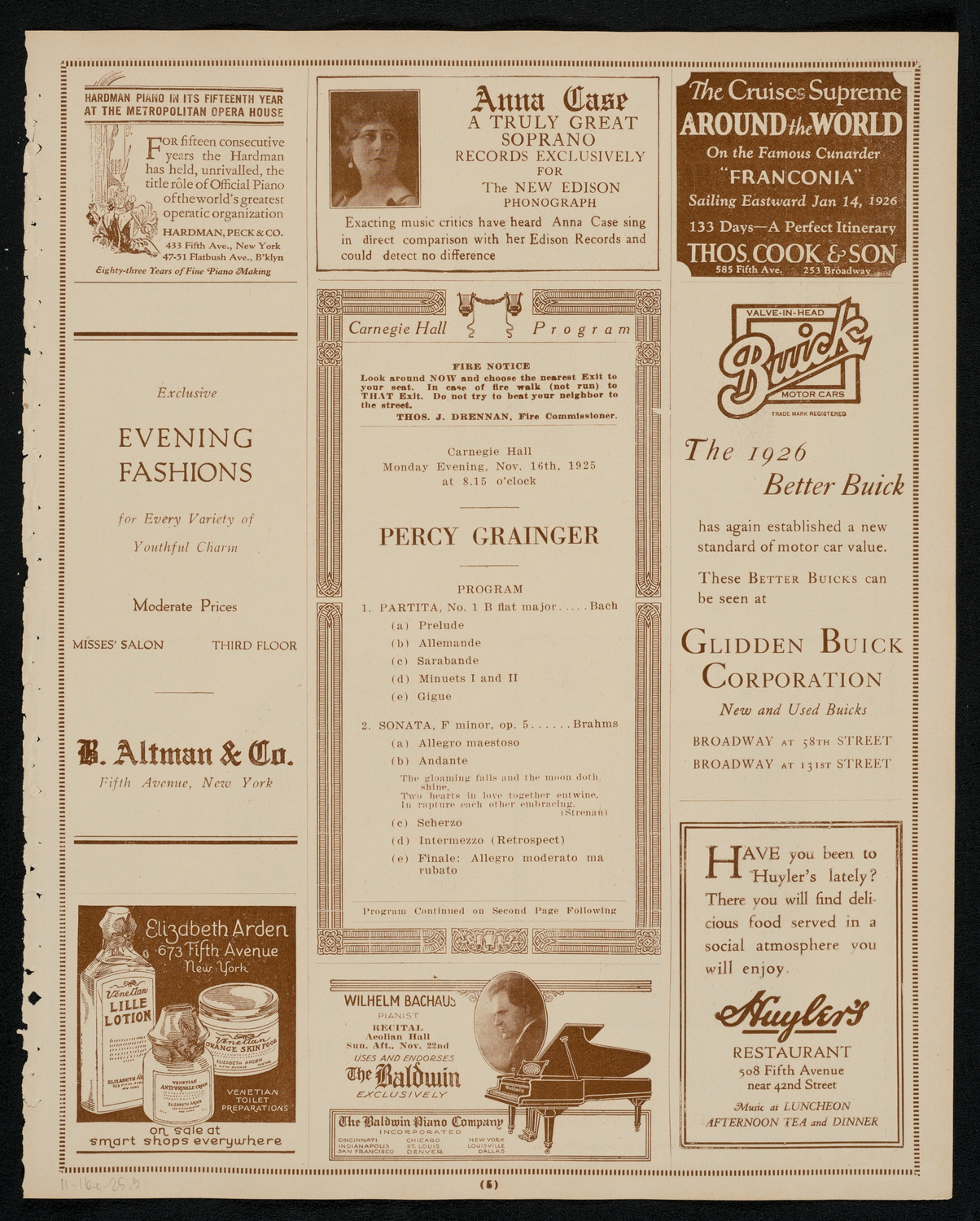 Percy Grainger, Piano, November 16, 1925, program page 5
