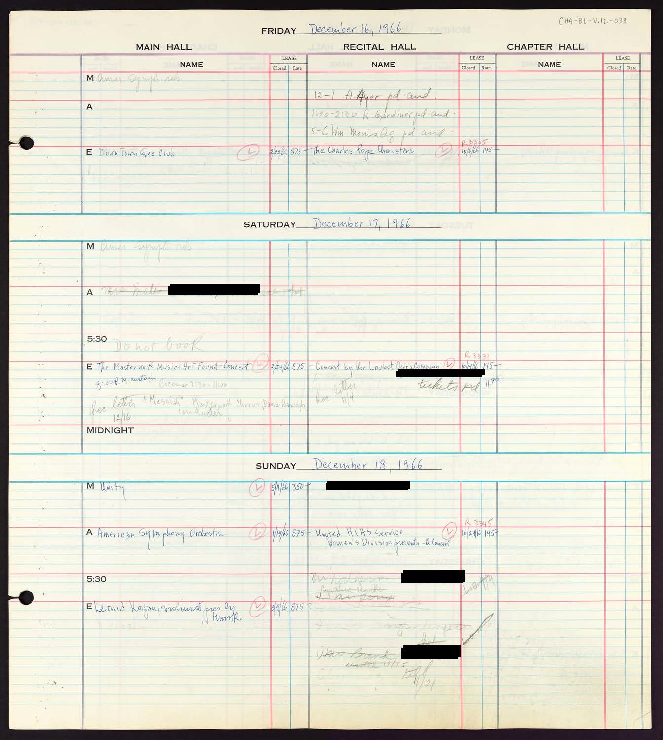 Carnegie Hall Booking Ledger, volume 12, page 33