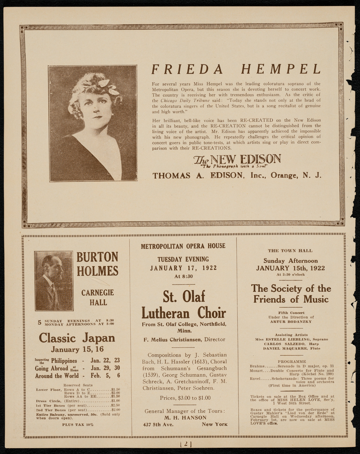 Frieda Hempel, Soprano, January 13, 1922, program page 2