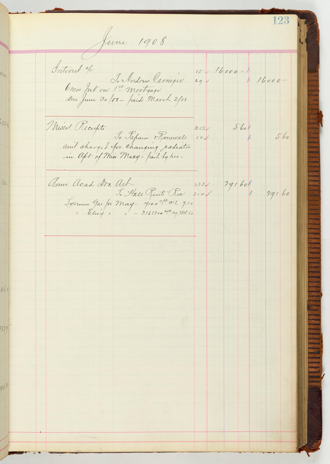 Music Hall Accounting Ledger Journal, volume 7, page 123