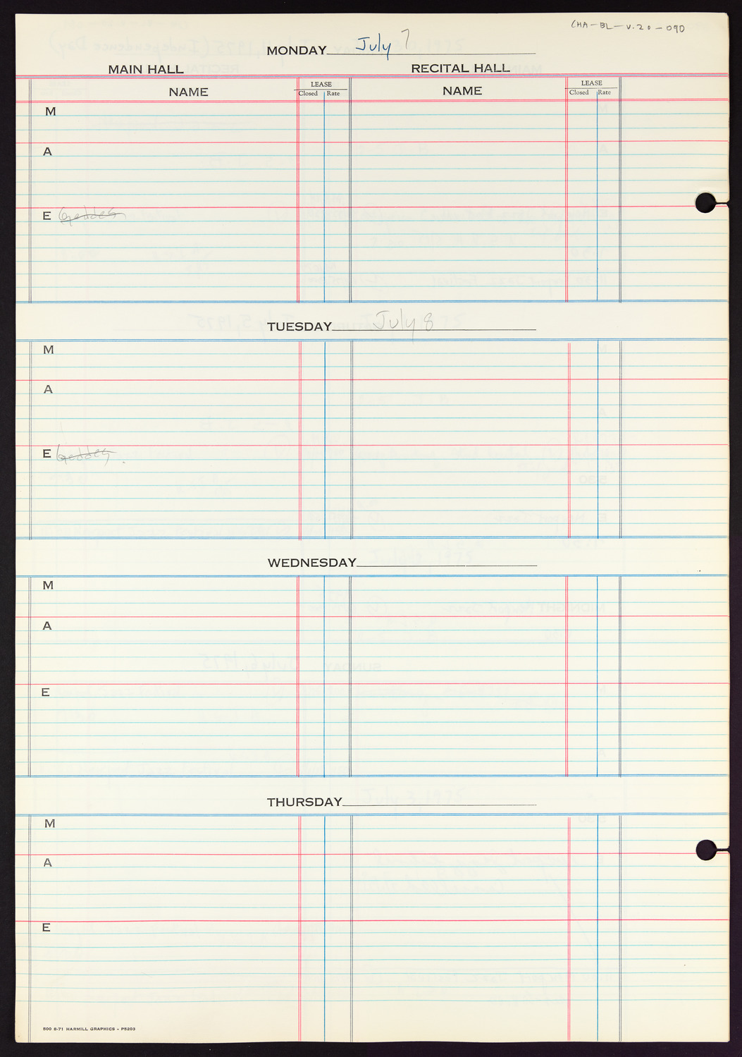 Carnegie Hall Booking Ledger, volume 20, page 90