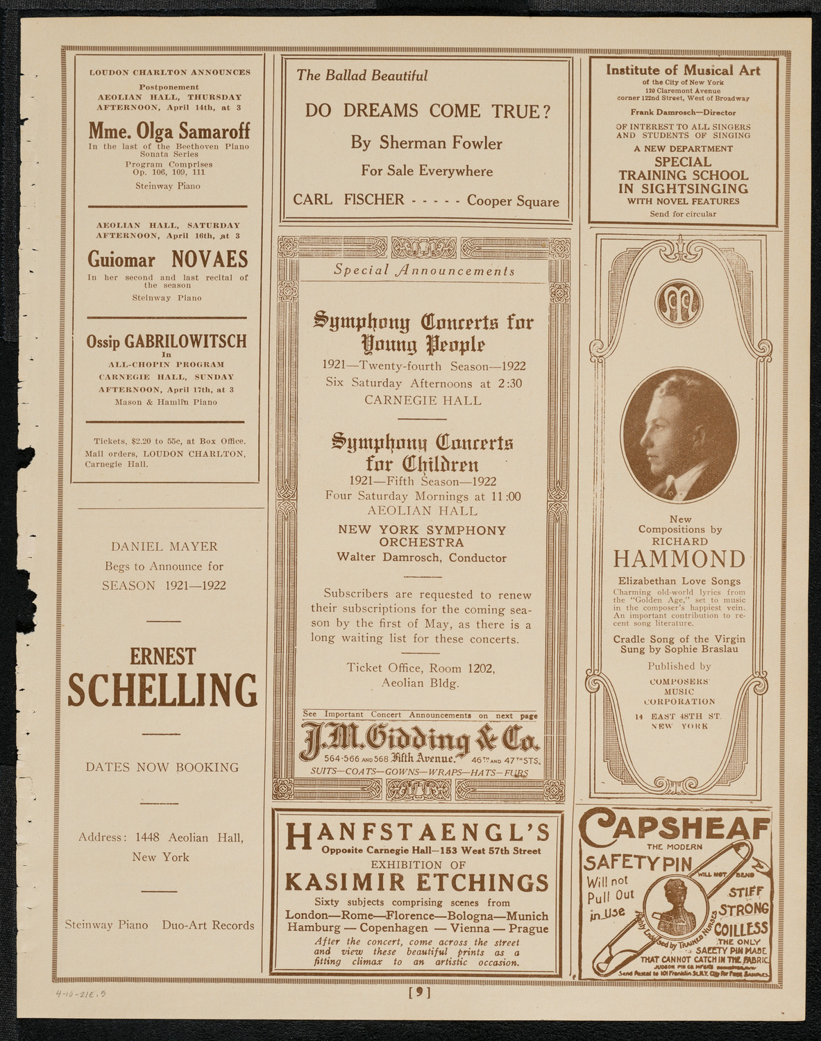 National Symphony Orchestra, April 10, 1921, program page 9